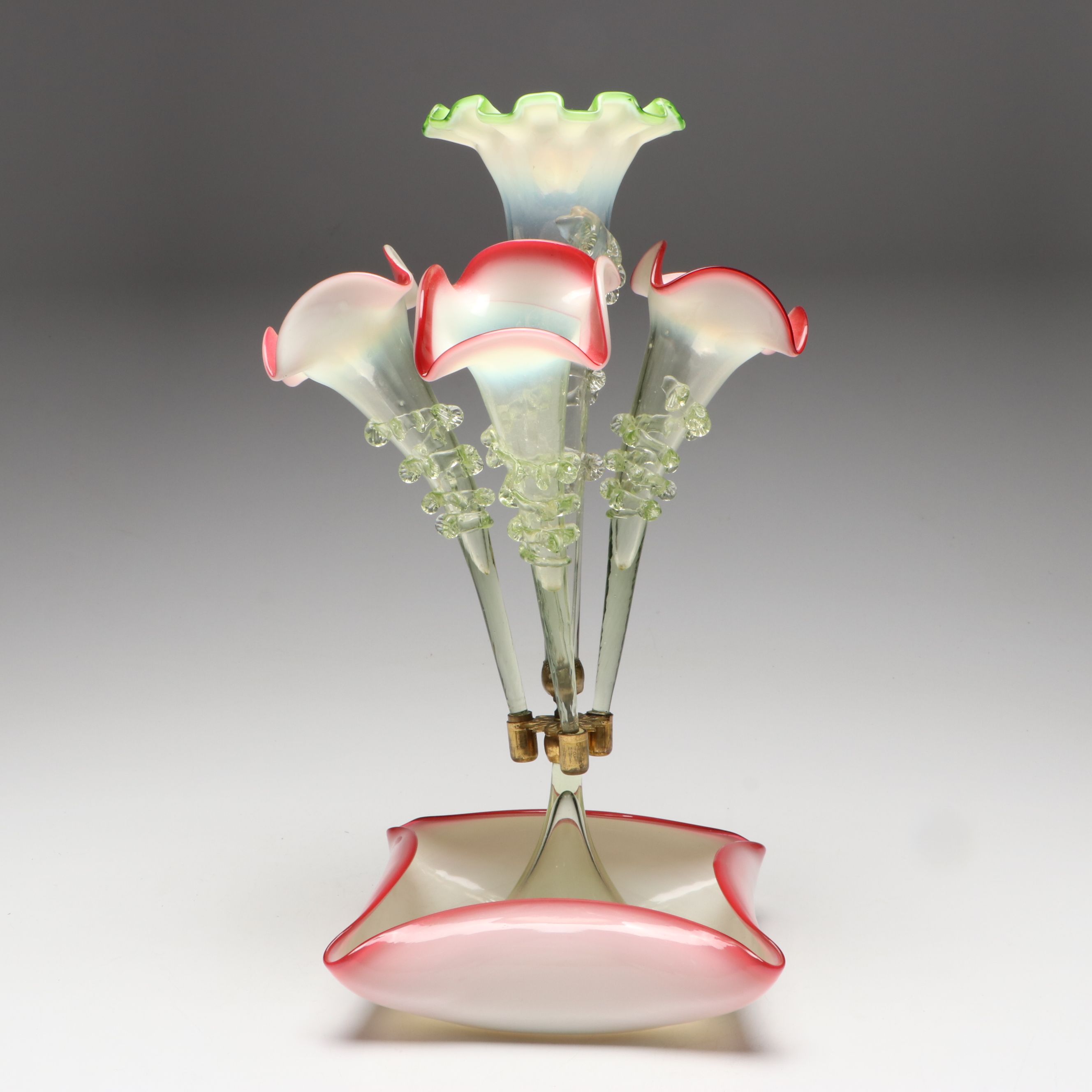 Art Nouveau Style Ruffled Cranberry and Uranium Glass Epergne and Vase