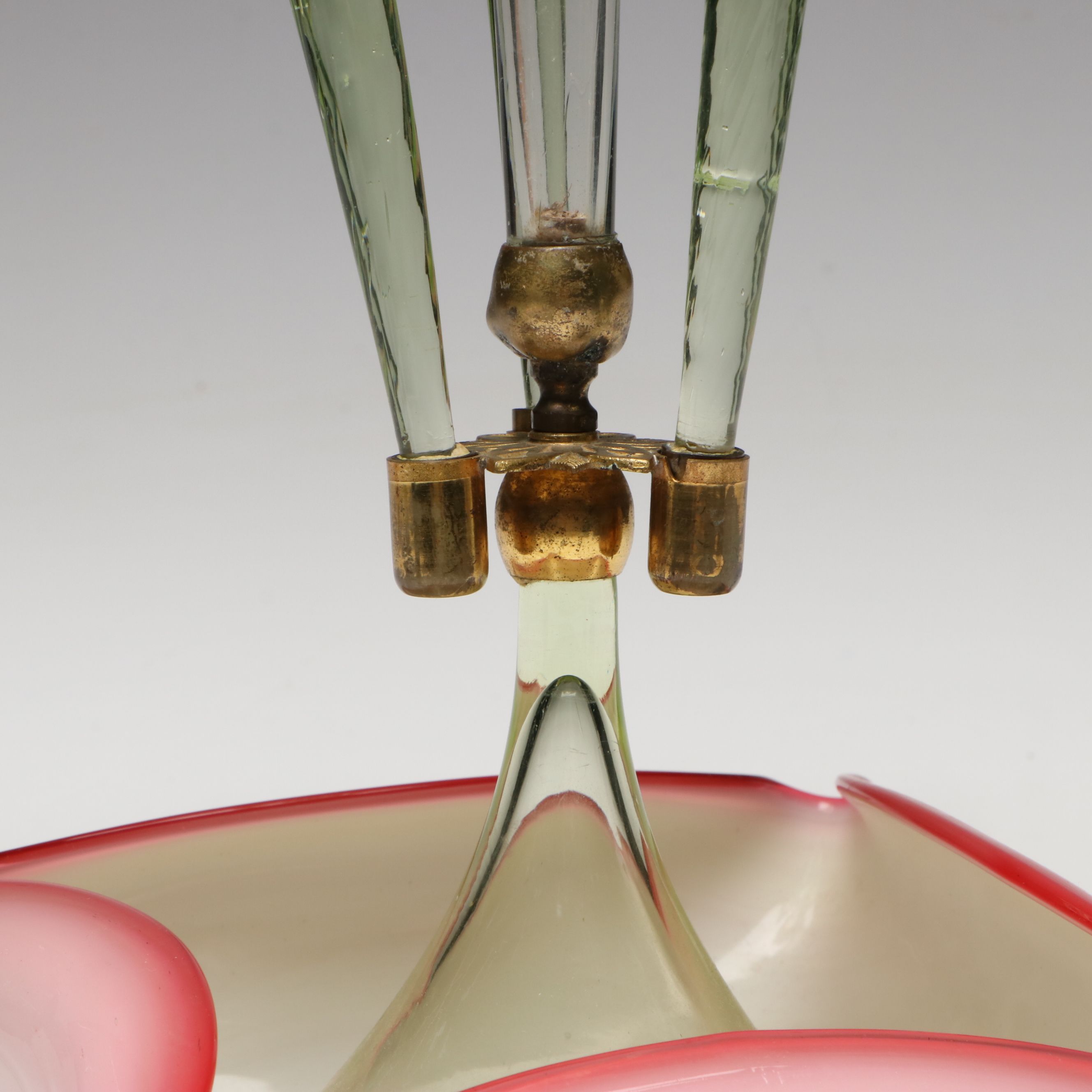 Art Nouveau Style Ruffled Cranberry and Uranium Glass Epergne and Vase