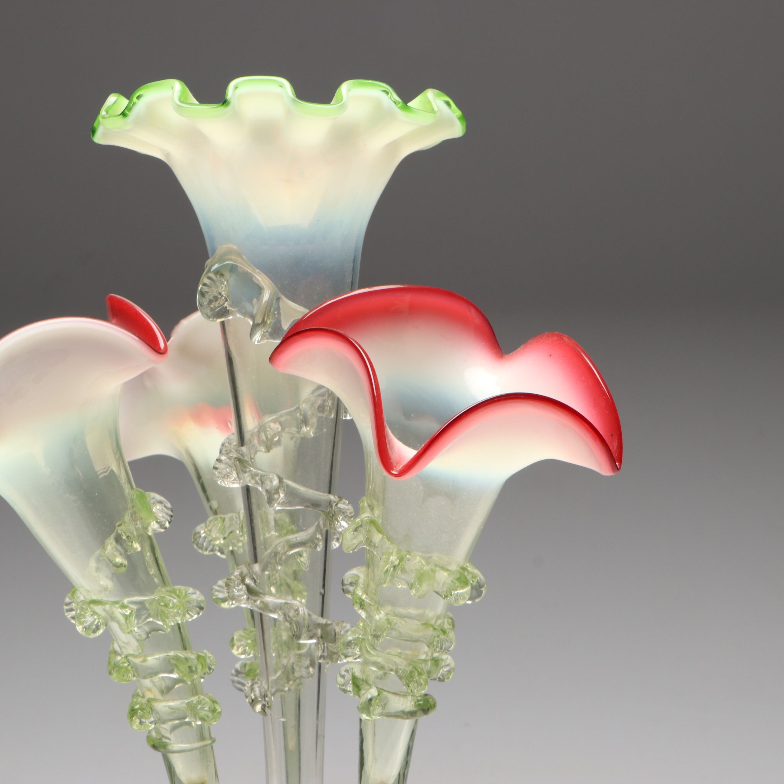 Art Nouveau Style Ruffled Cranberry and Uranium Glass Epergne and Vase