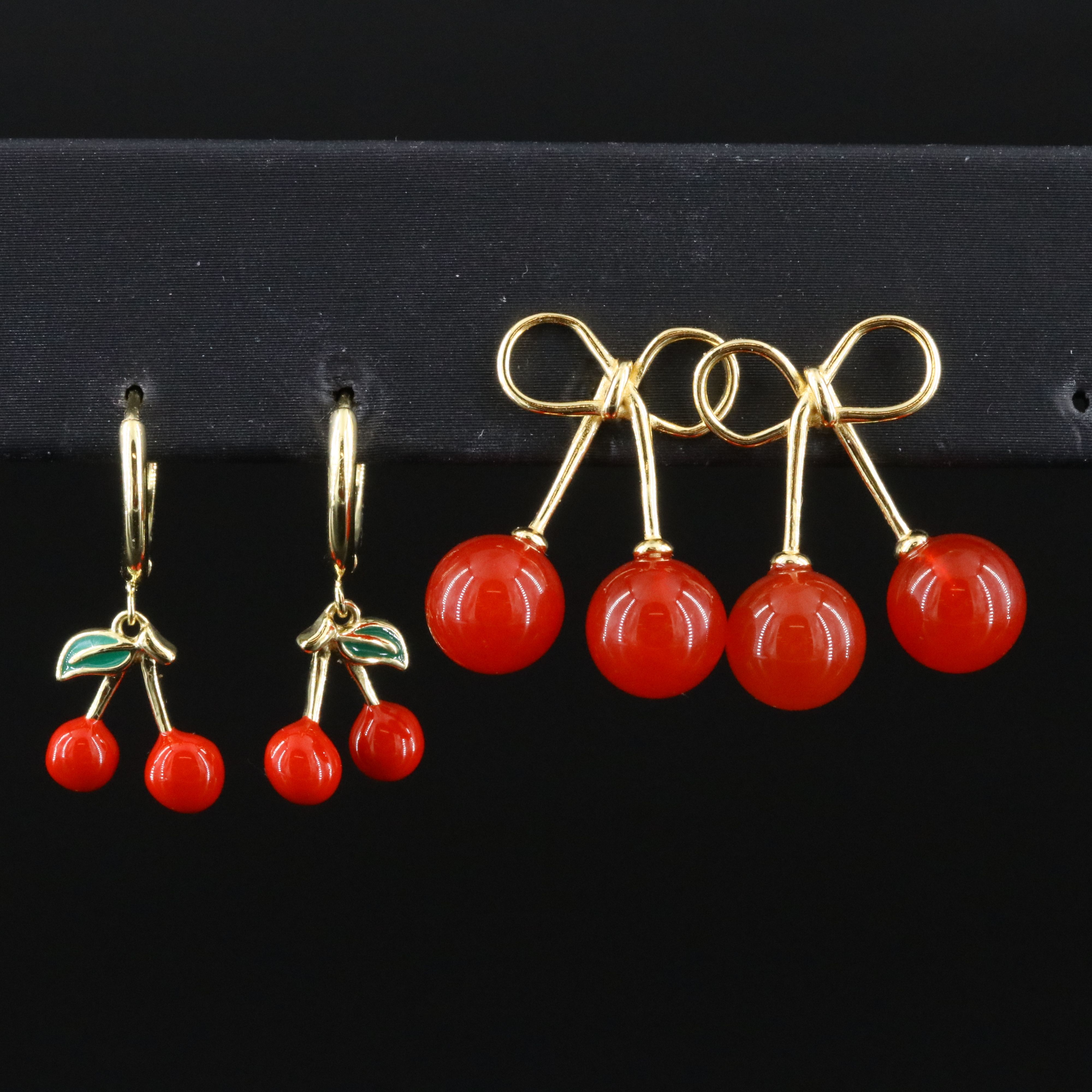 Sterling Cherry Earrings Including Carnelian and Enamel