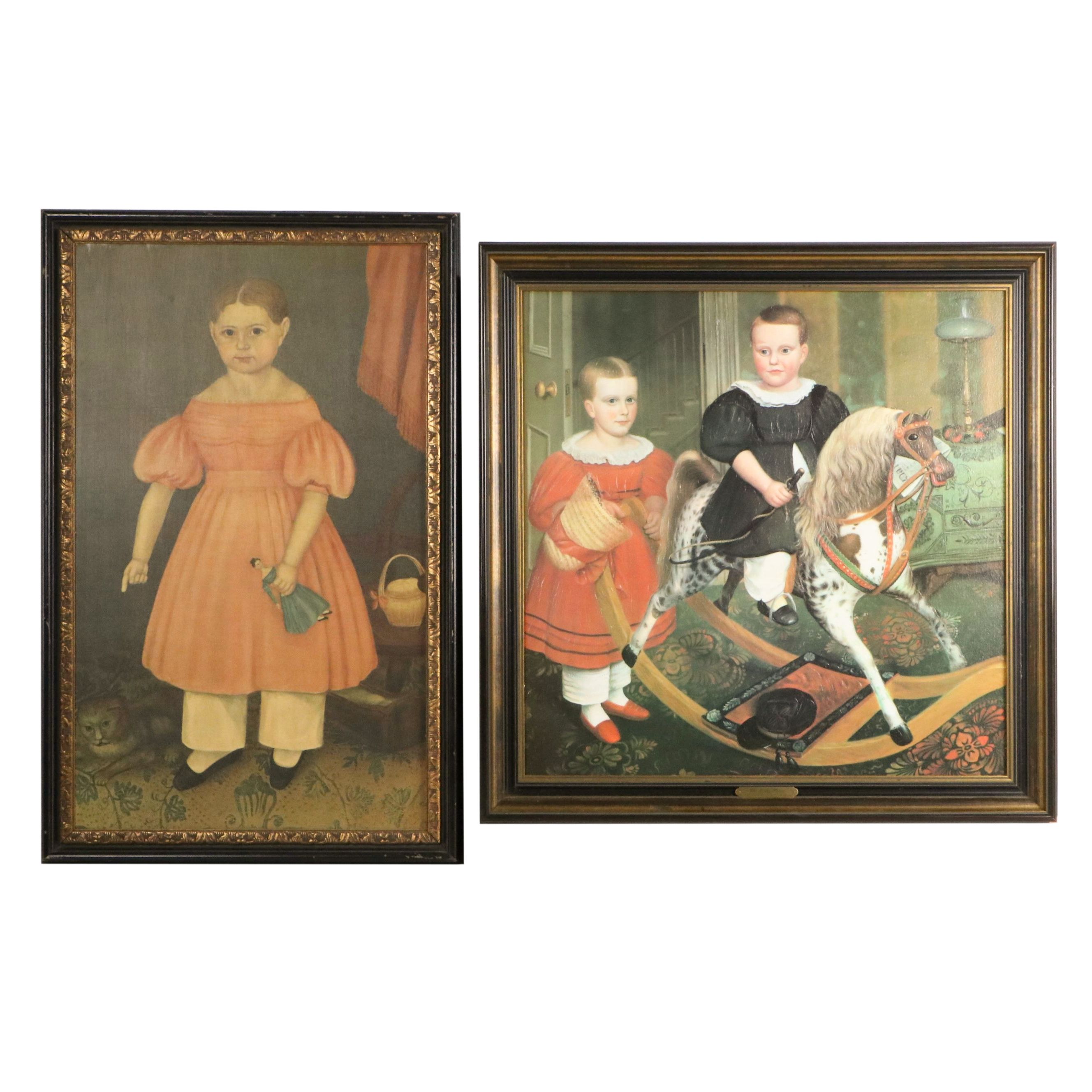 Pair of Reproduction Early American Paintings of Children, 20th or 21st Century