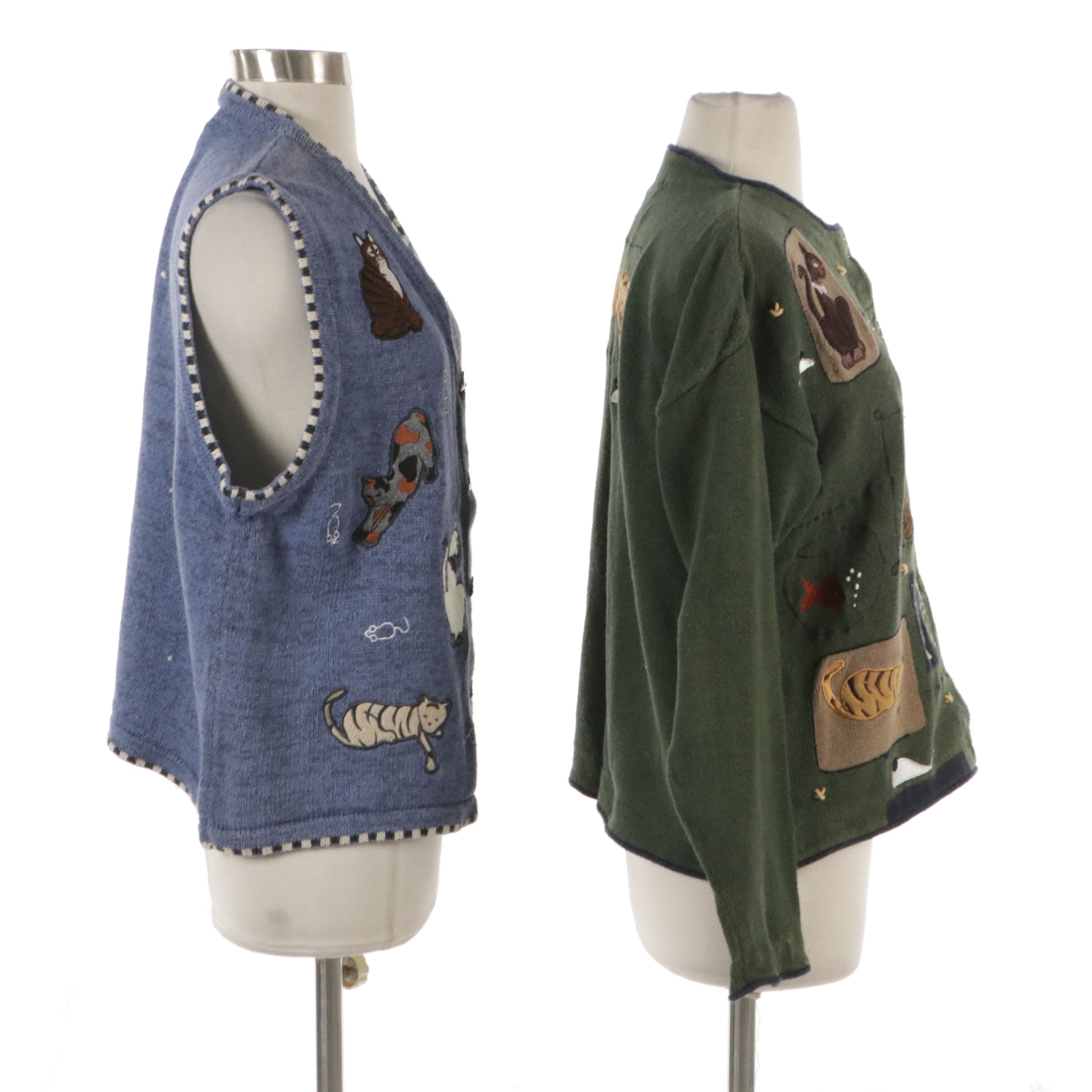 Christopher & Banks Hand Embroidered Cat Cardigan and Button-Front Vest