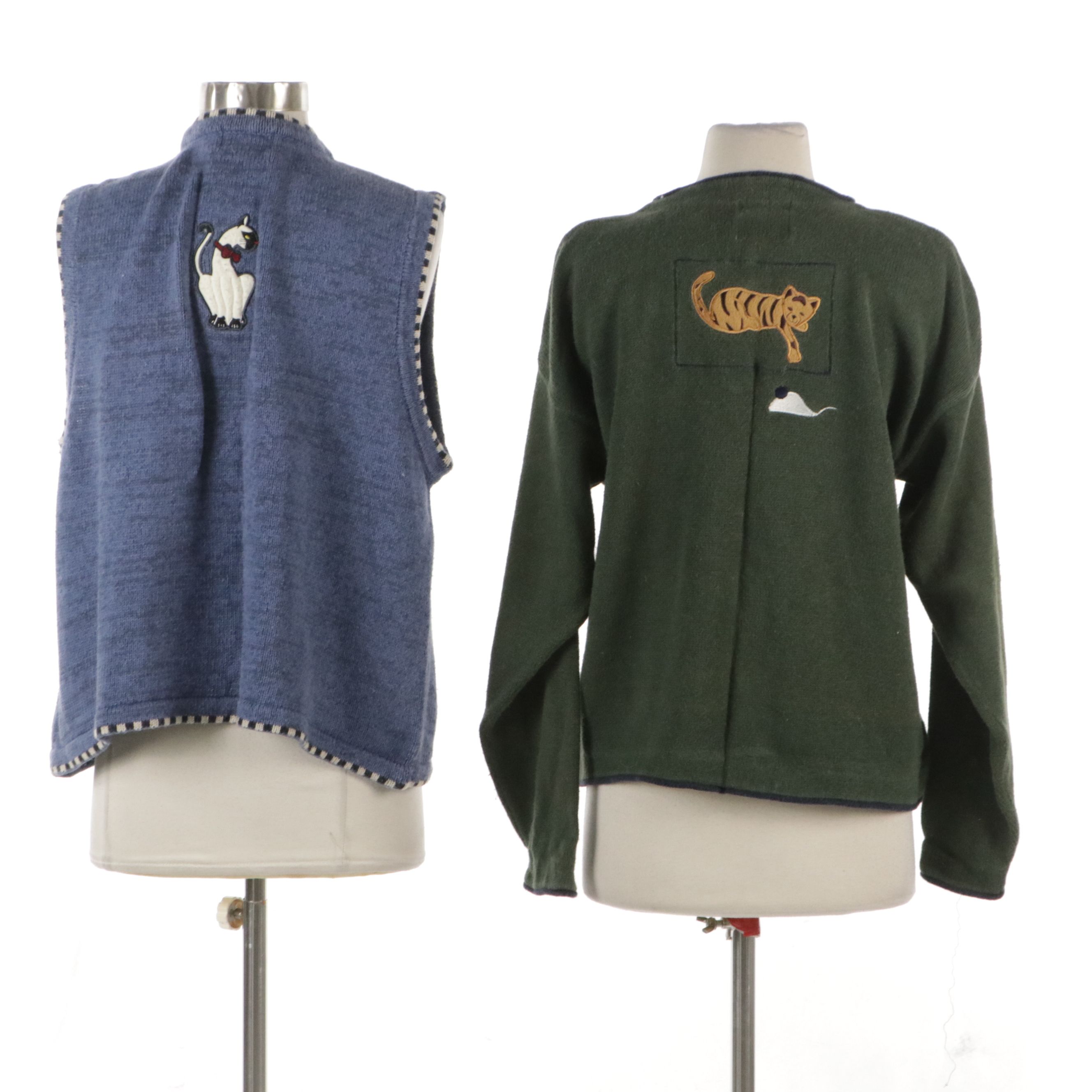 Christopher & Banks Hand Embroidered Cat Cardigan and Button-Front Vest