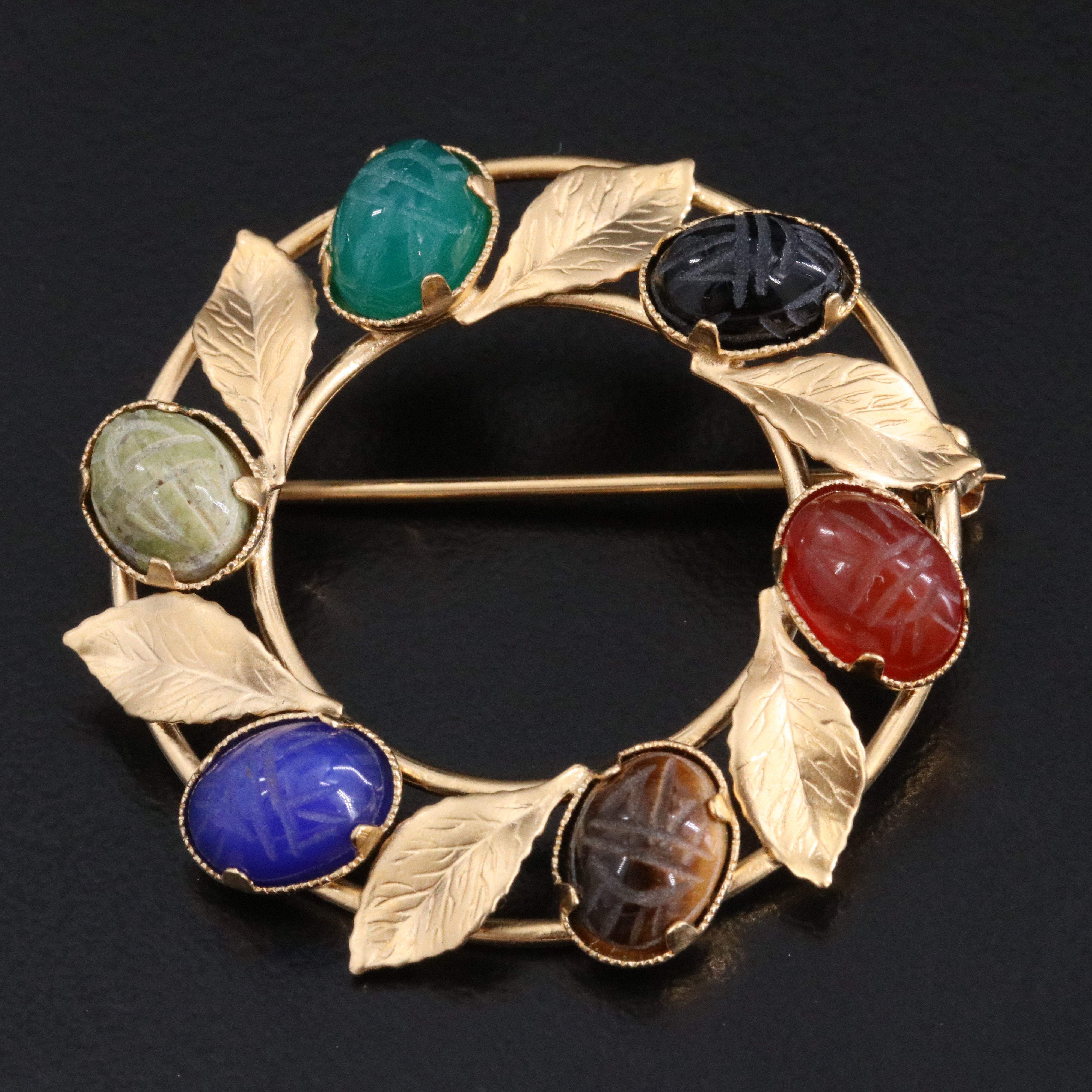 Gold-Filled Scarab Circle Brooch Including Carnelian, Chalcedony and Tiger's Eye