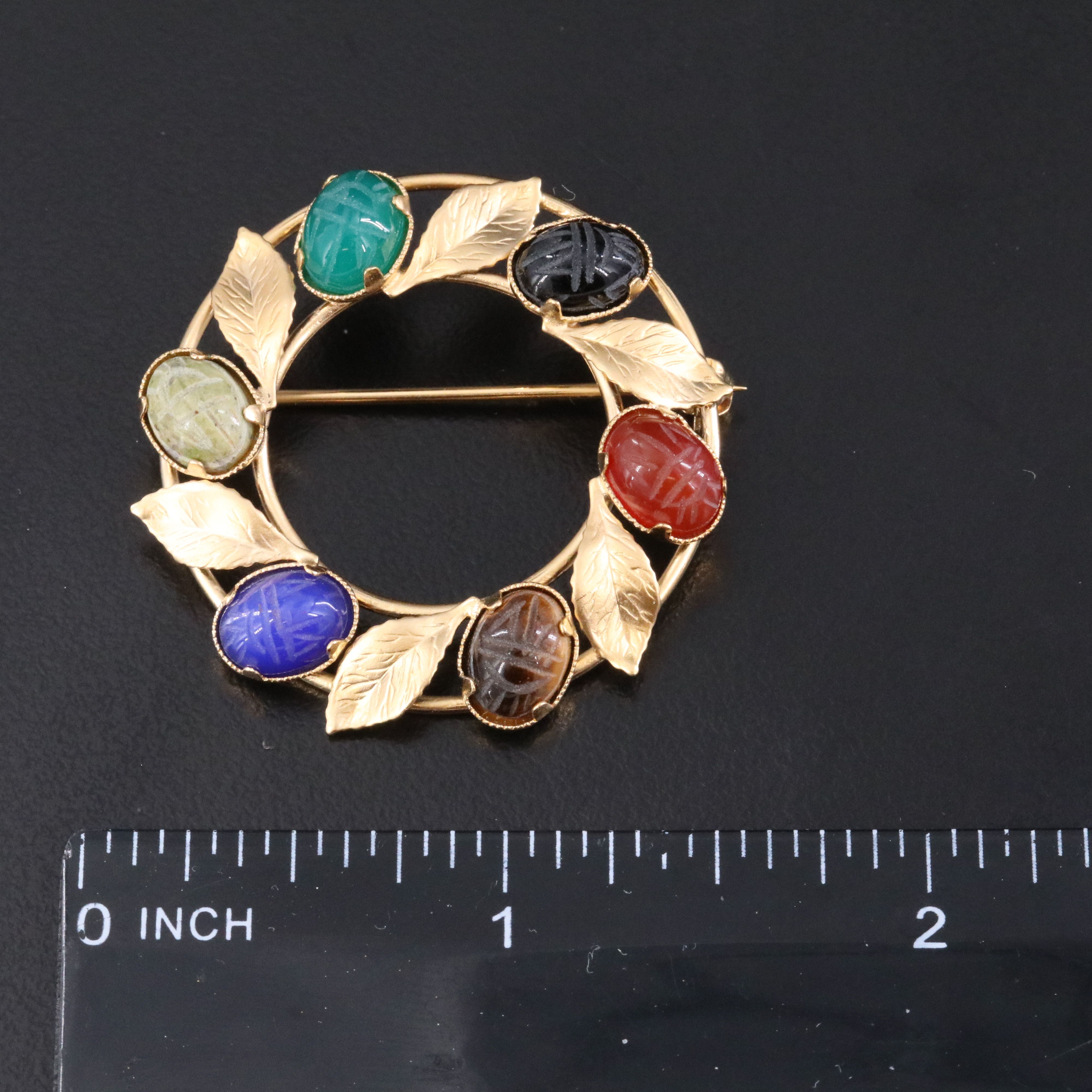 Gold-Filled Scarab Circle Brooch Including Carnelian, Chalcedony and Tiger's Eye