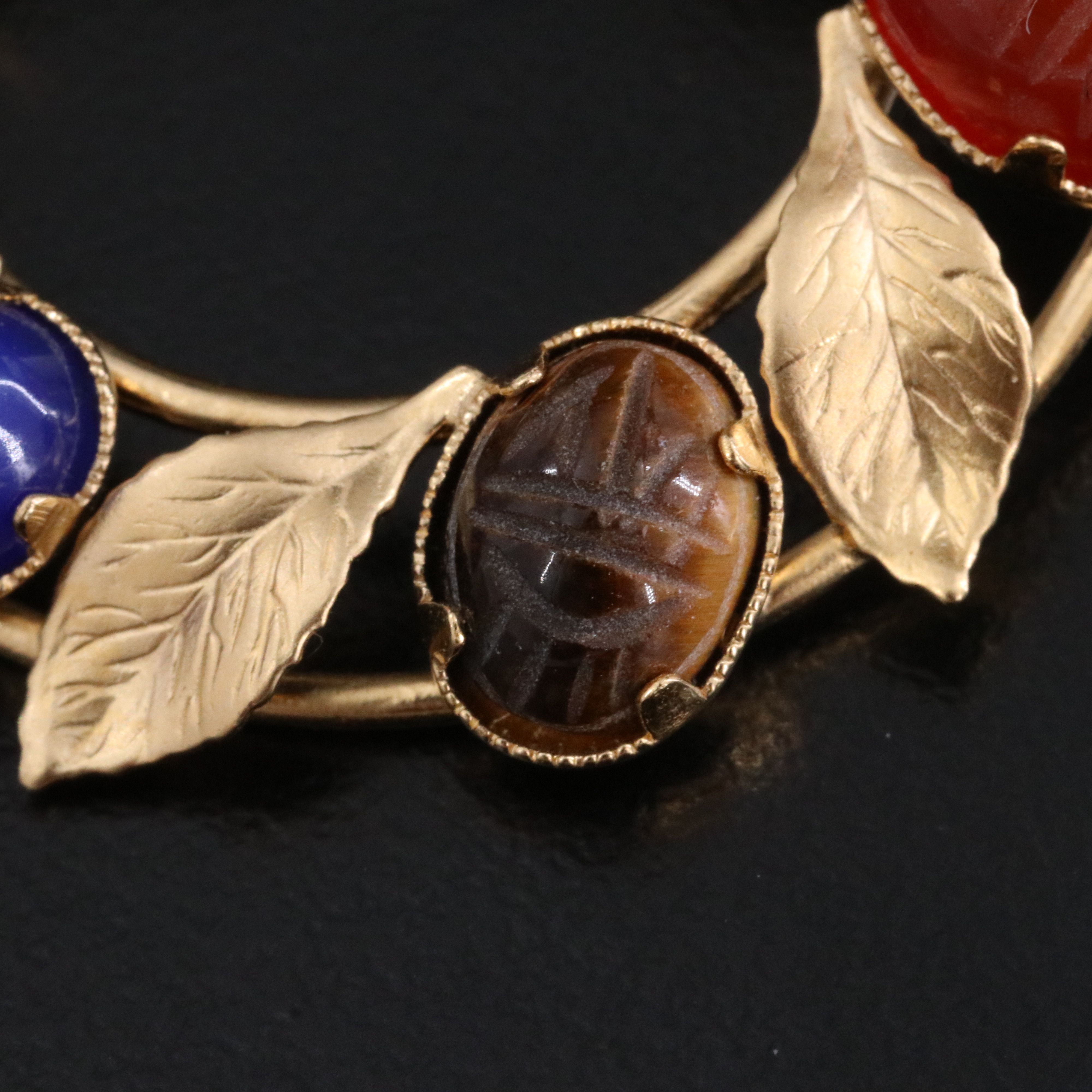 Gold-Filled Scarab Circle Brooch Including Carnelian, Chalcedony and Tiger's Eye