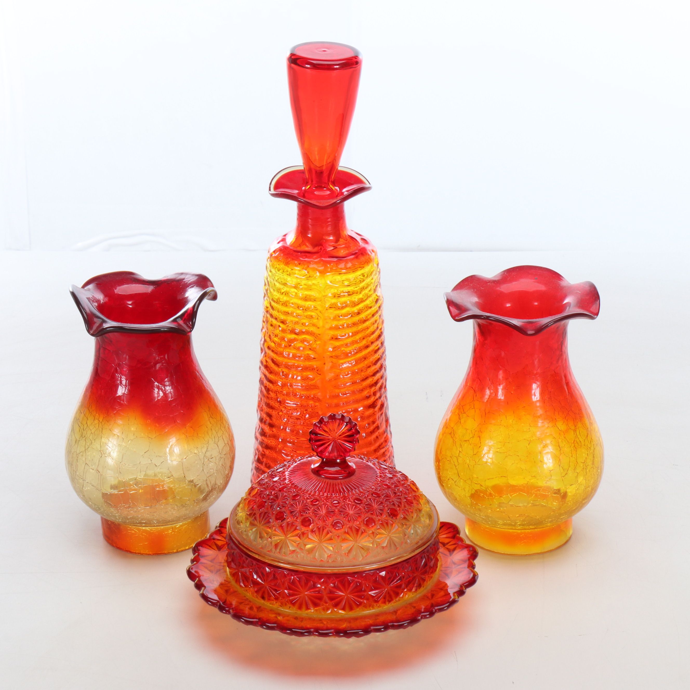 L.G. Wright "Amberina" Honey Dish with Other Cruet and Crackle Glass Chimneys