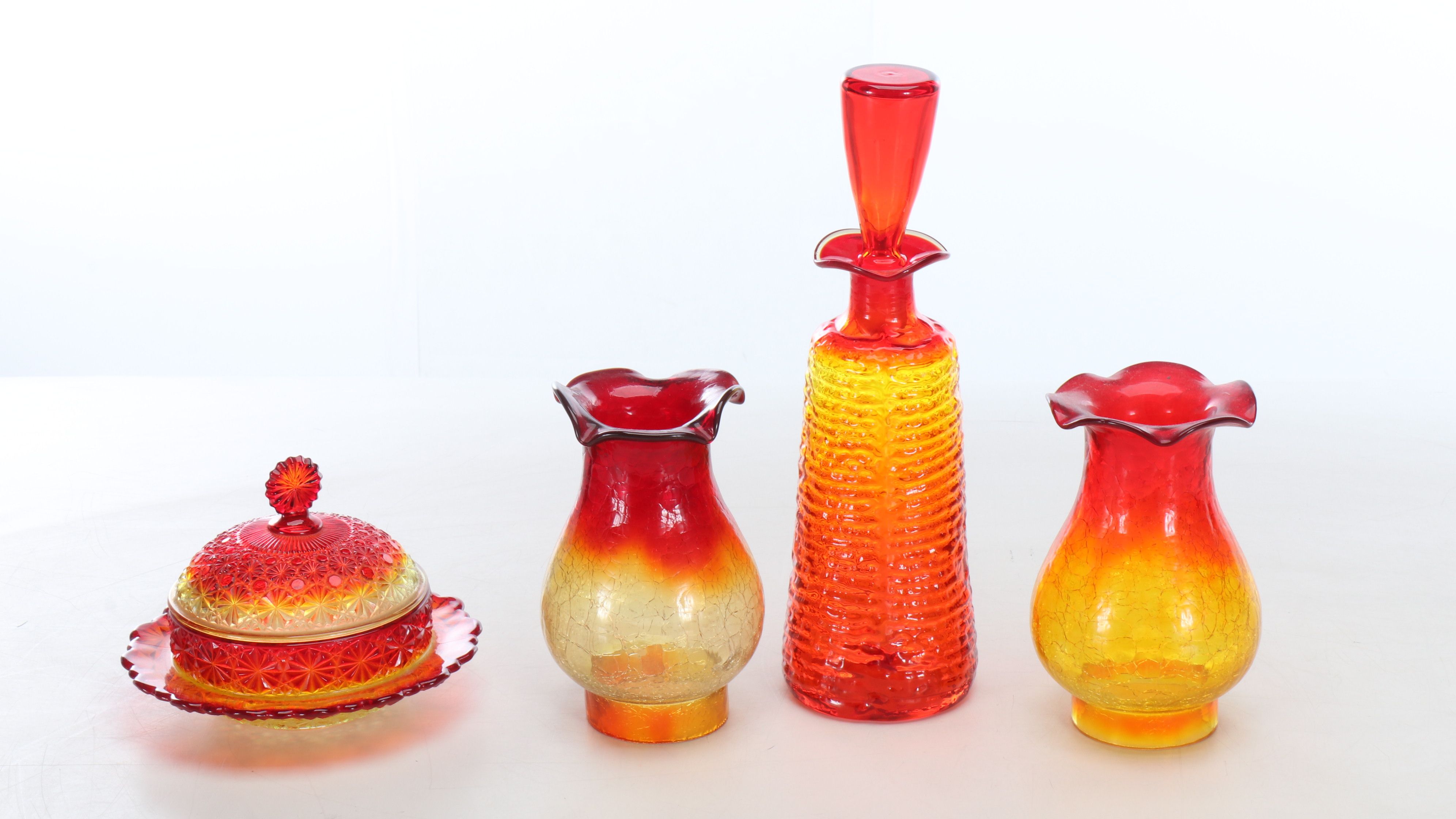 L.G. Wright "Amberina" Honey Dish with Other Cruet and Crackle Glass Chimneys