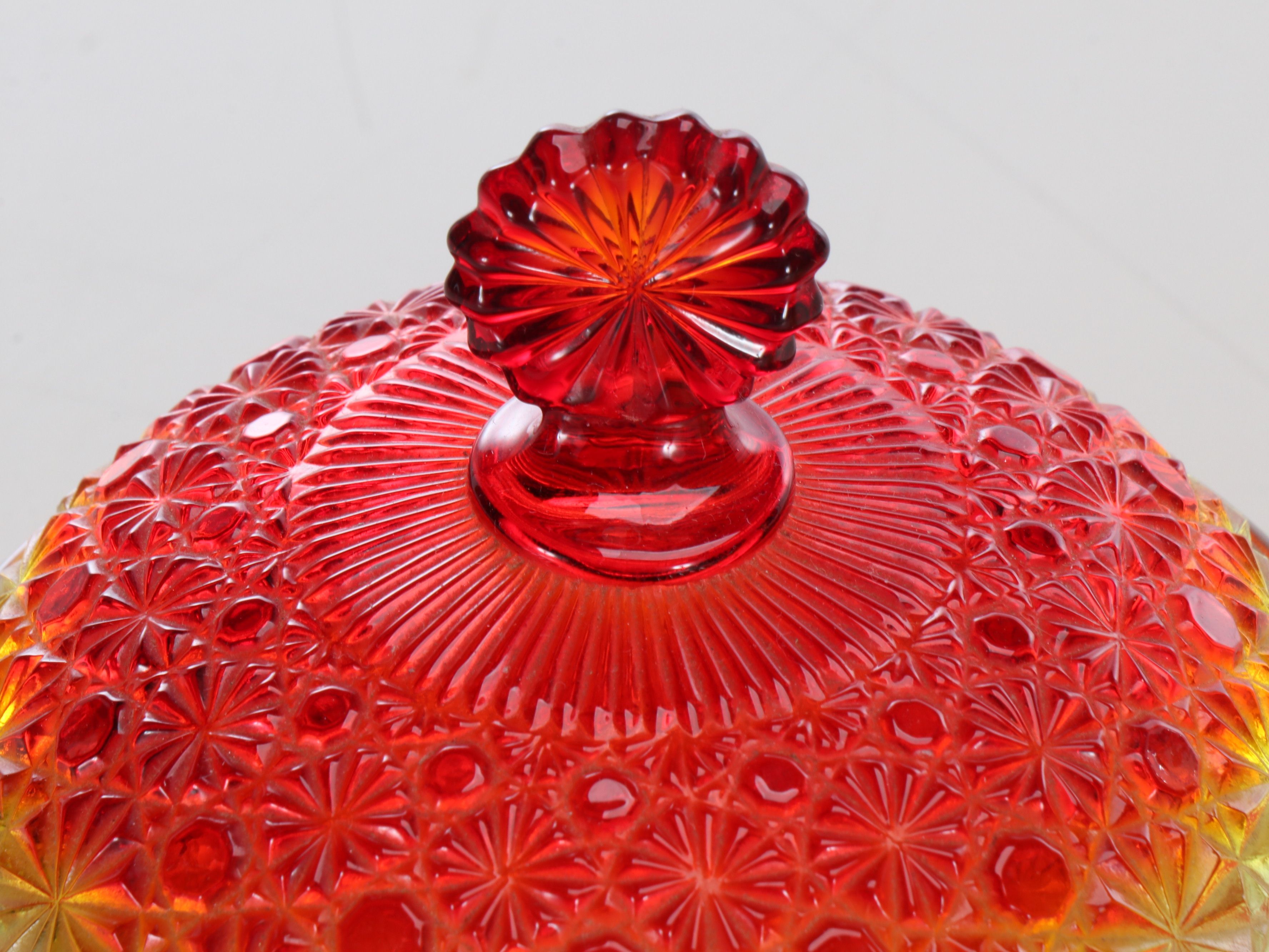 L.G. Wright "Amberina" Honey Dish with Other Cruet and Crackle Glass Chimneys