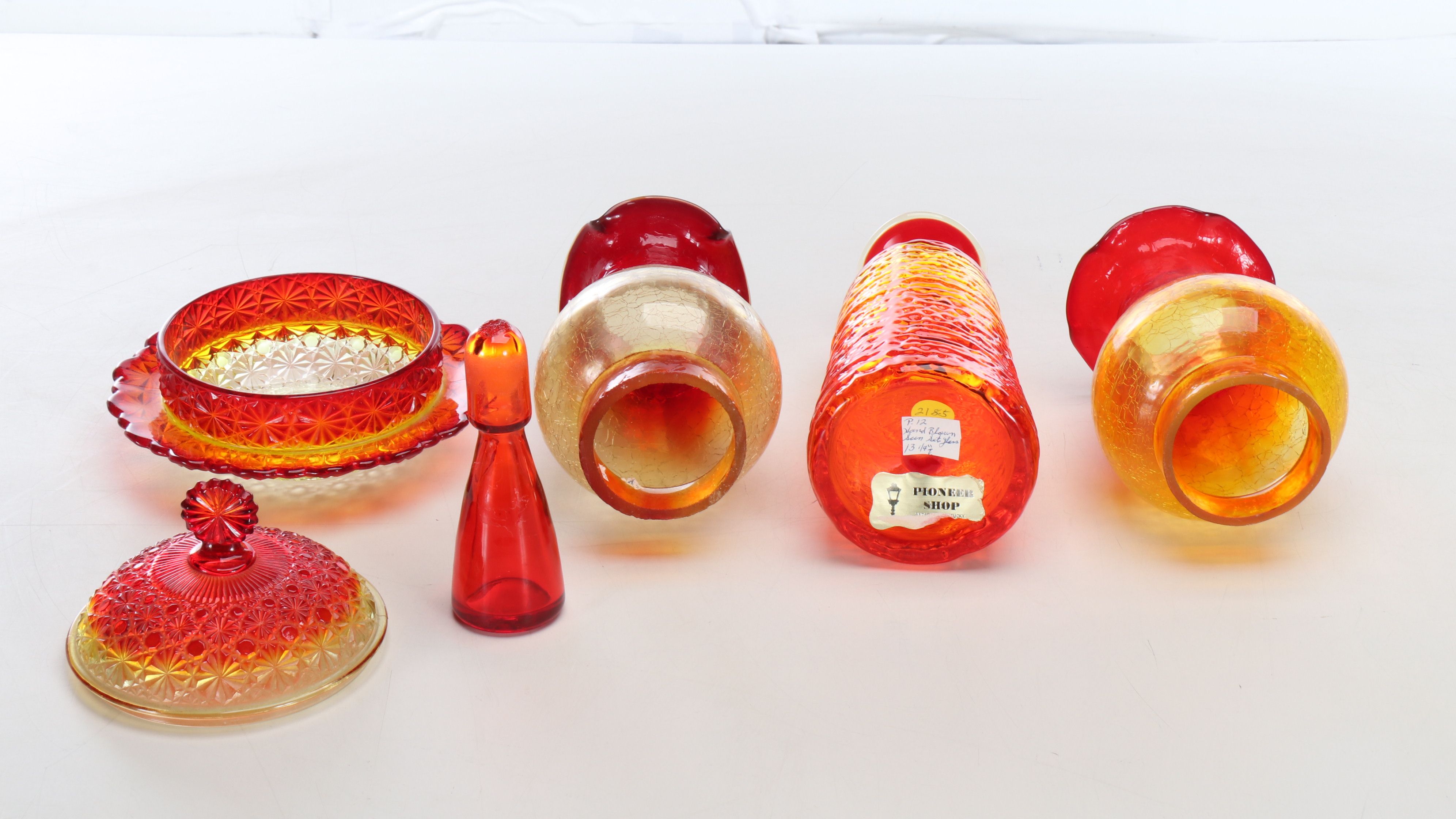 L.G. Wright "Amberina" Honey Dish with Other Cruet and Crackle Glass Chimneys