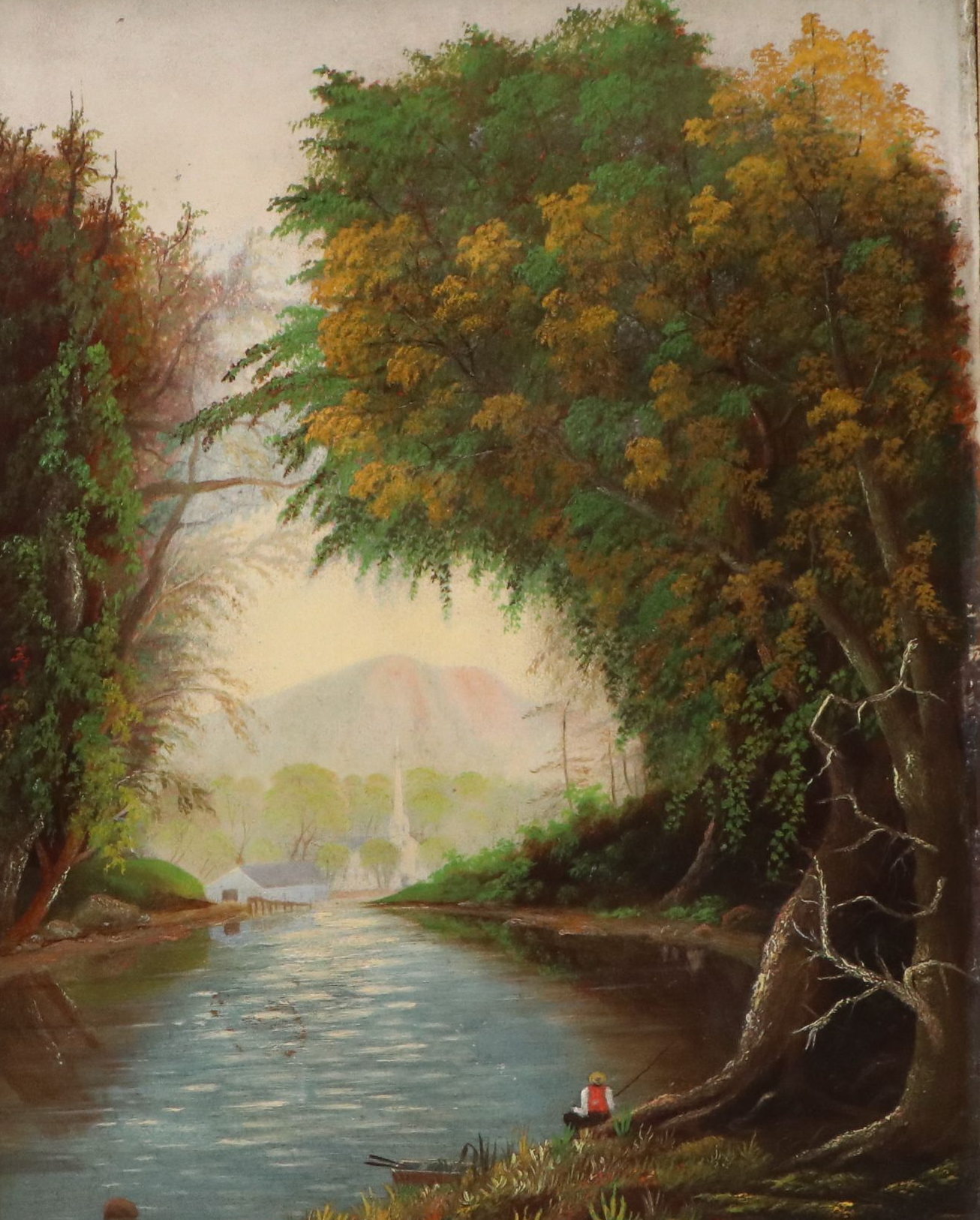 Wooded River Landscape Oil Painting, 1884