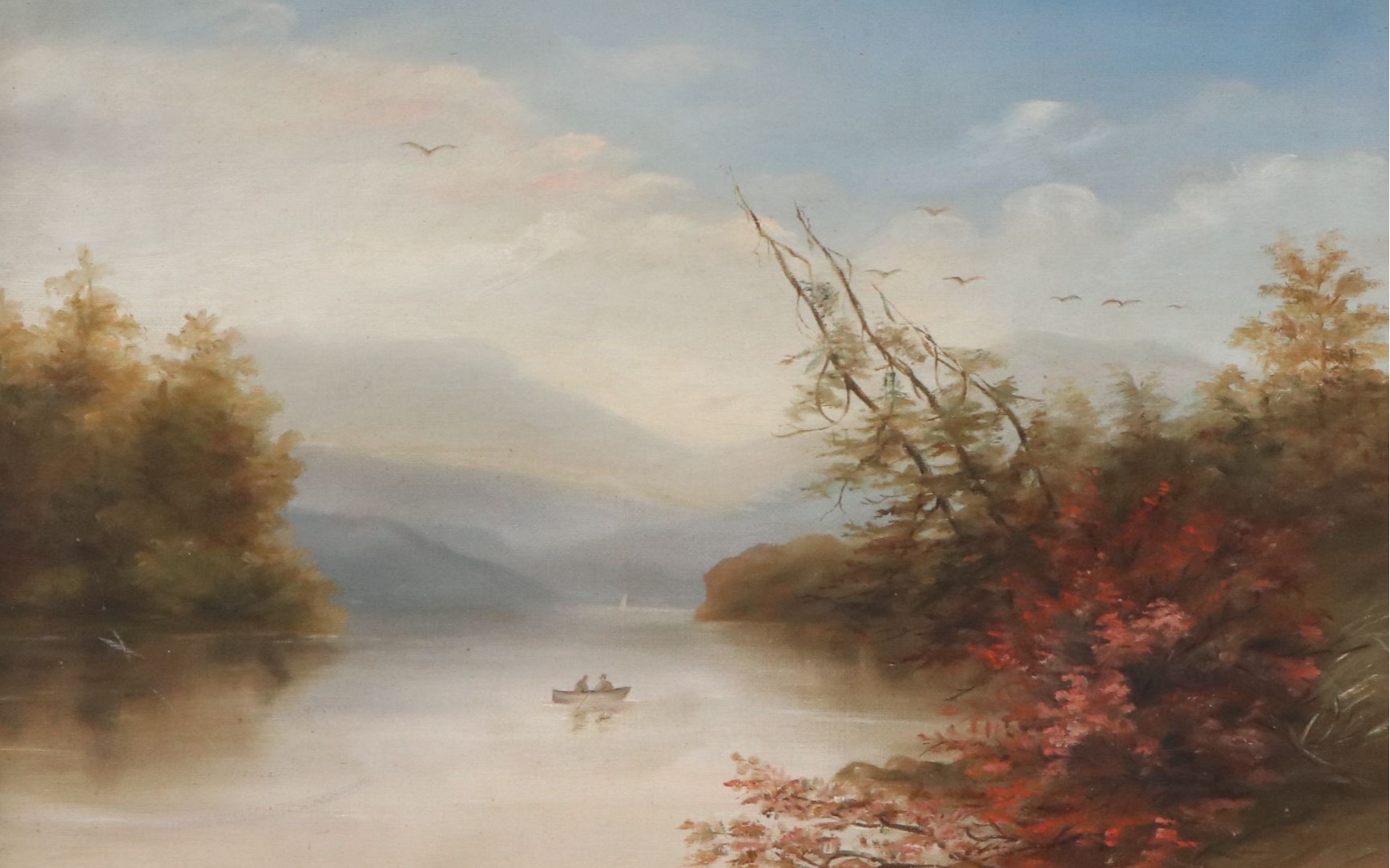 Riverscape Oil on Canvas with Paddlers in Canoe, 20th Century