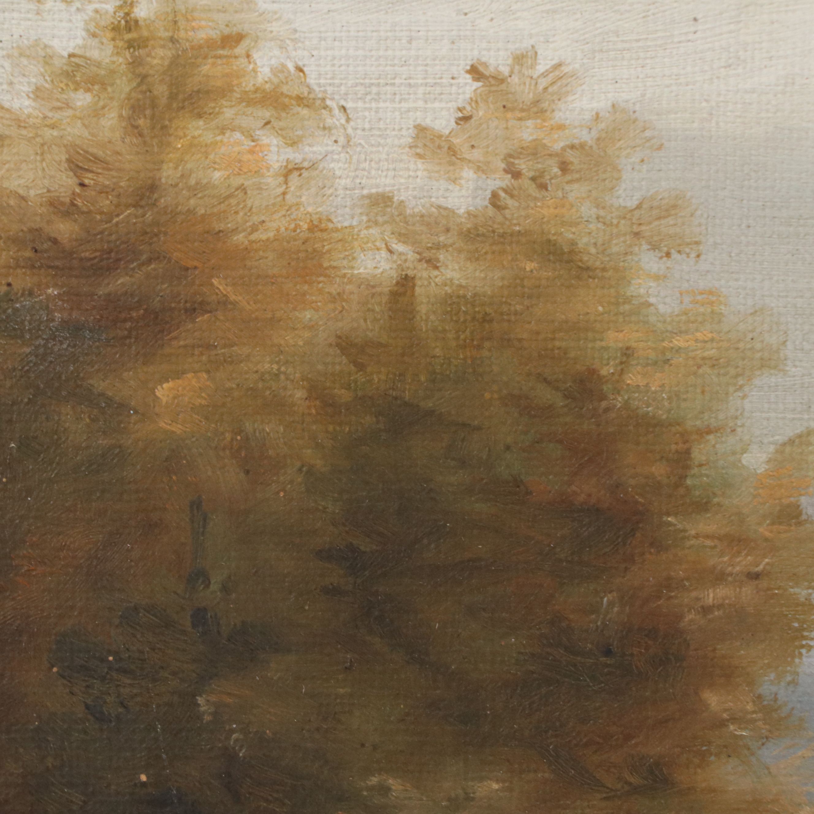 Riverscape Oil on Canvas with Paddlers in Canoe, 20th Century