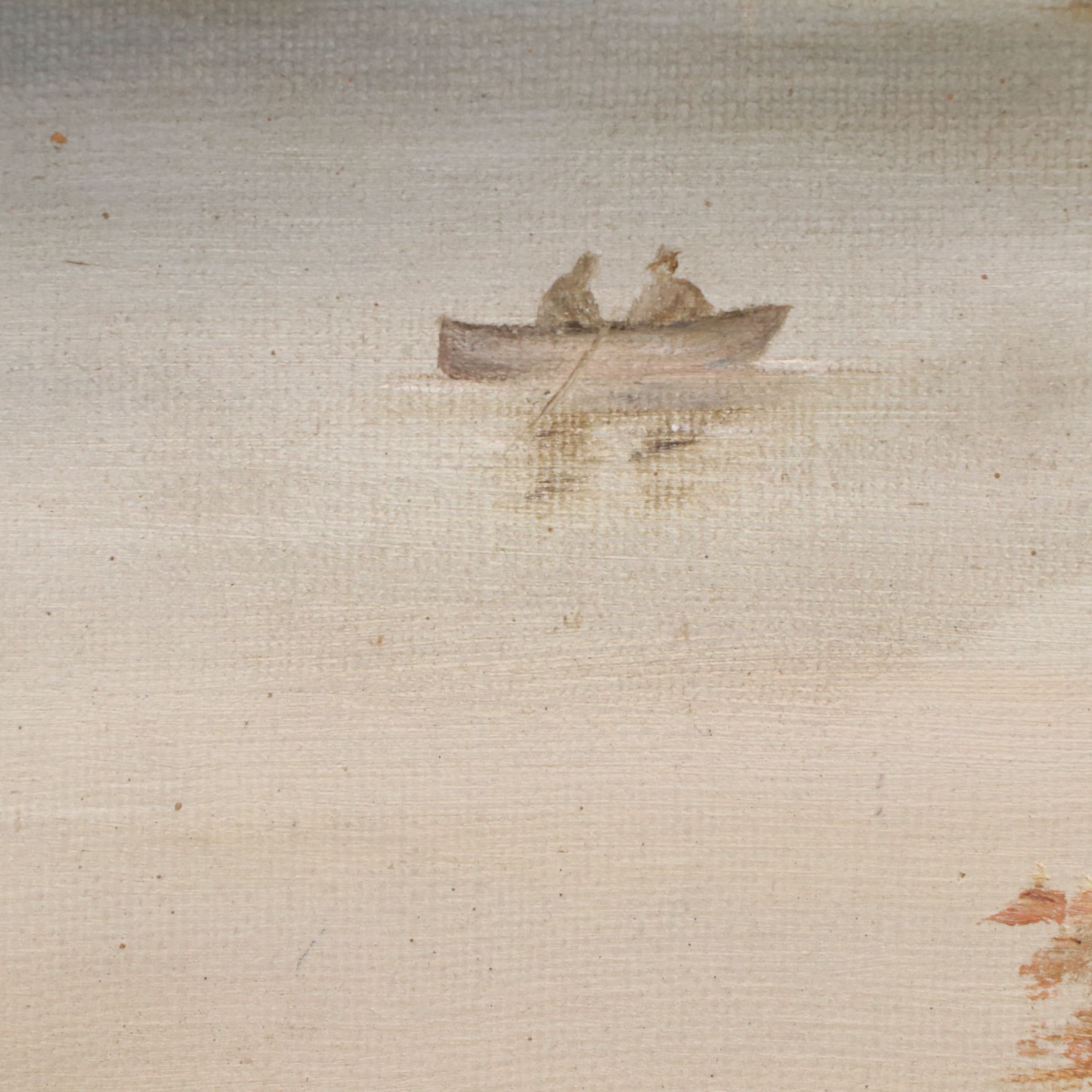 Riverscape Oil on Canvas with Paddlers in Canoe, 20th Century
