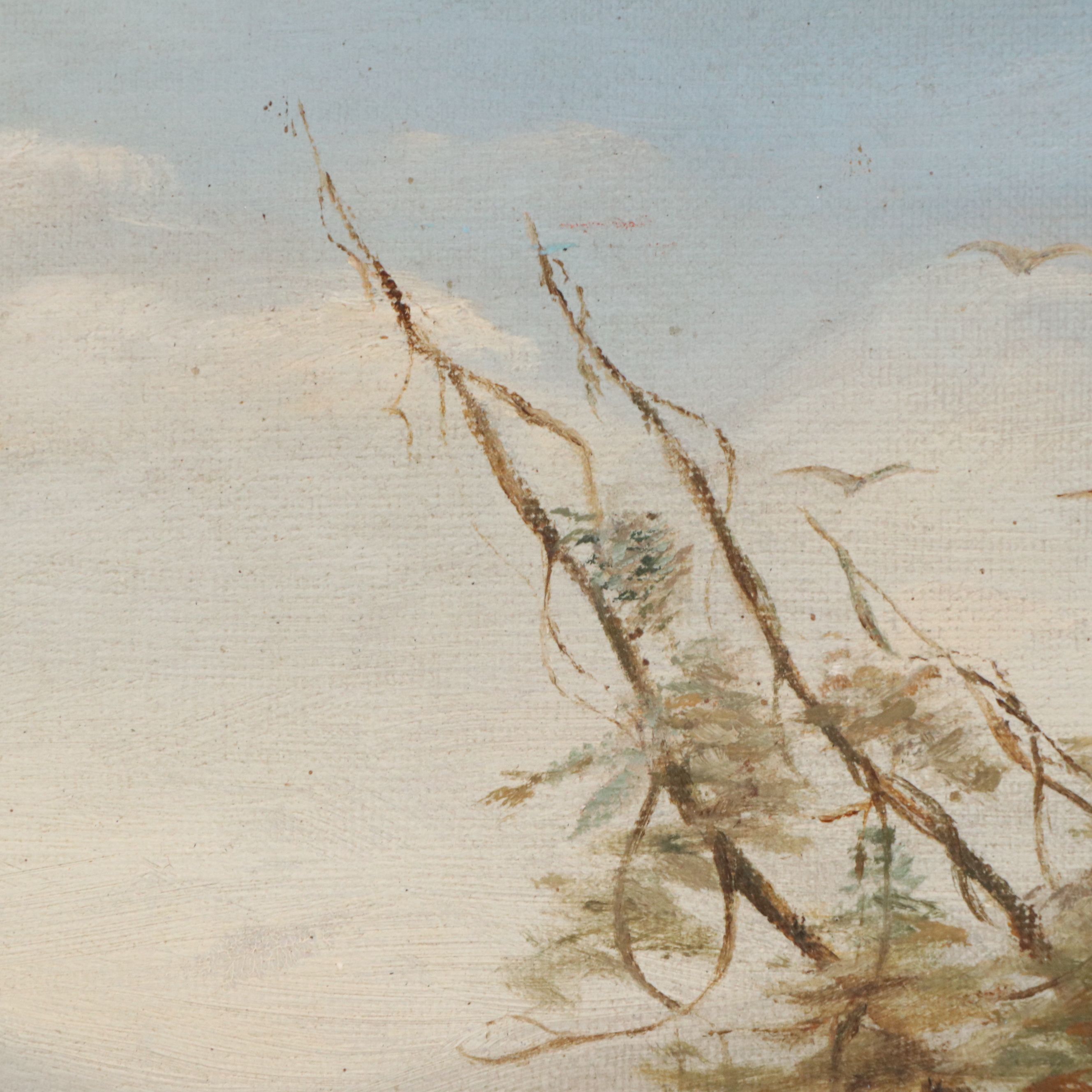 Riverscape Oil on Canvas with Paddlers in Canoe, 20th Century