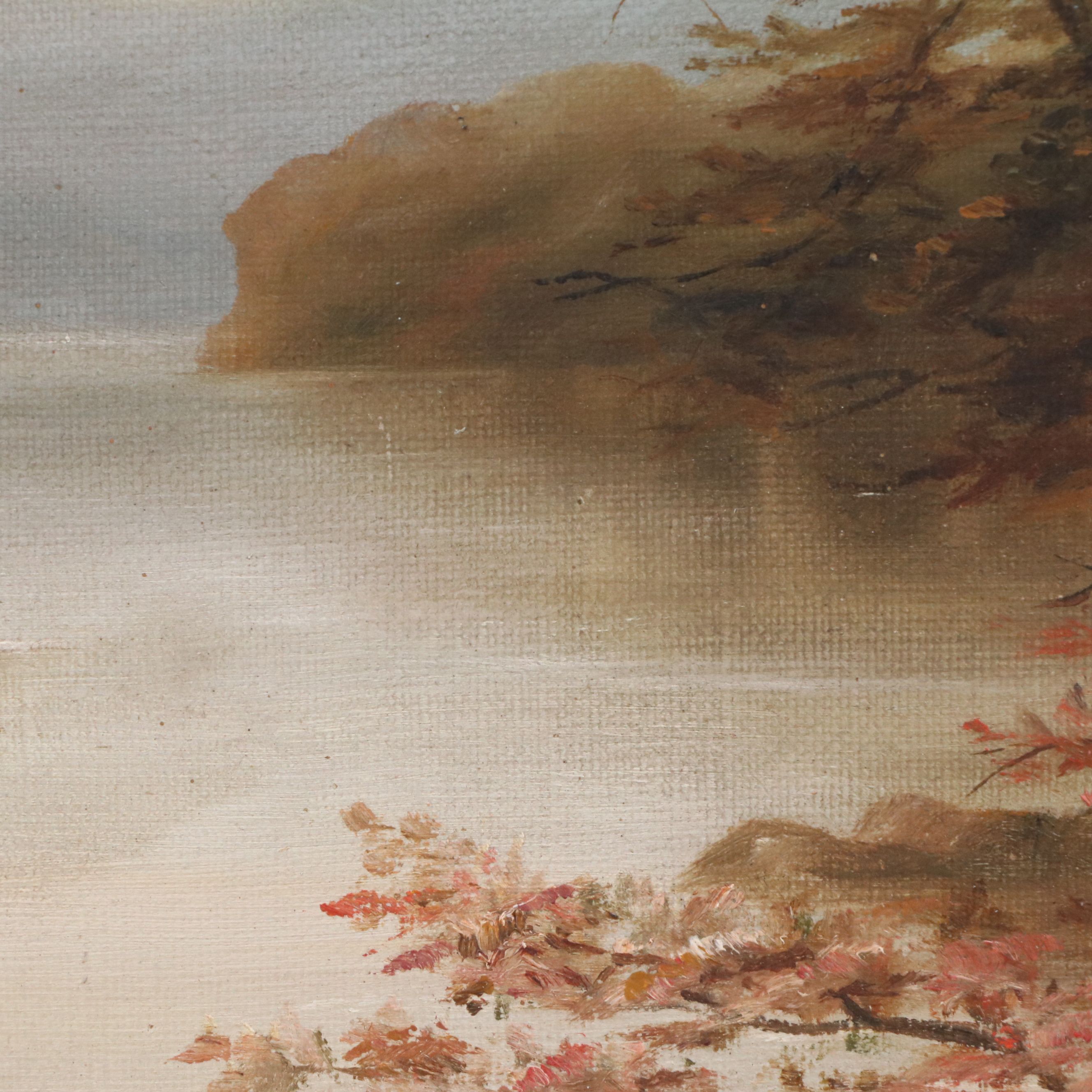 Riverscape Oil on Canvas with Paddlers in Canoe, 20th Century