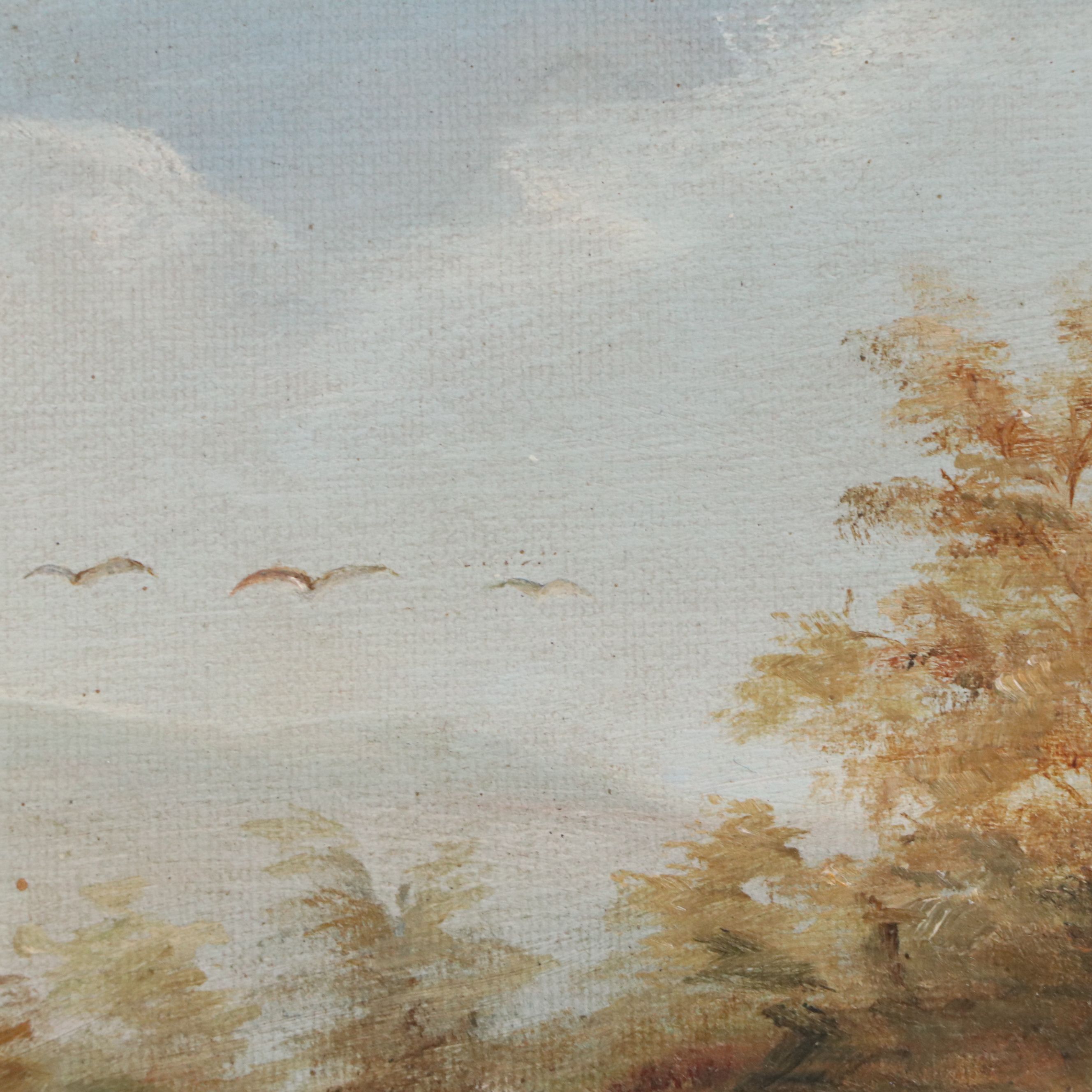 Riverscape Oil on Canvas with Paddlers in Canoe, 20th Century