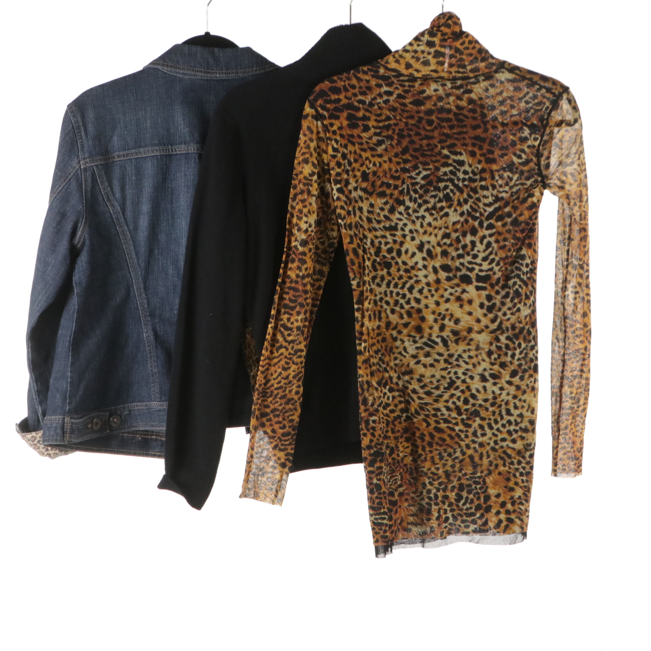 Chico's Denim Jacket, Fuzzi Leopard Printed Mesh Turtleneck, Other Zip Sweater