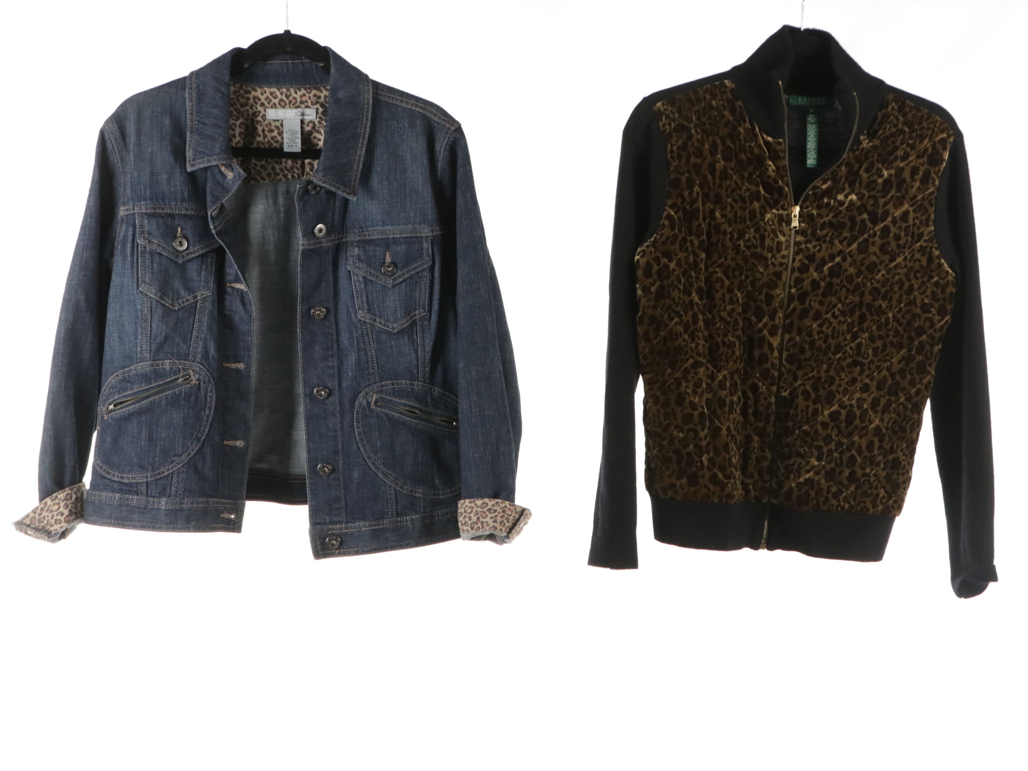 Chico's Denim Jacket, Fuzzi Leopard Printed Mesh Turtleneck, Other Zip Sweater