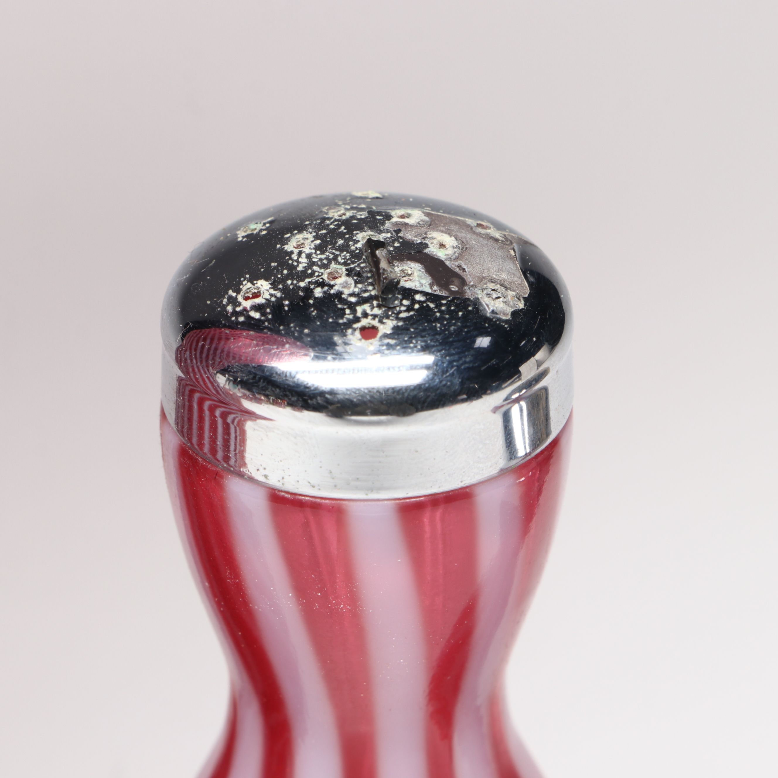 Fenton Cranberry Ribbed Swirl Opalescent Glass Vase, Shakers, and Bell