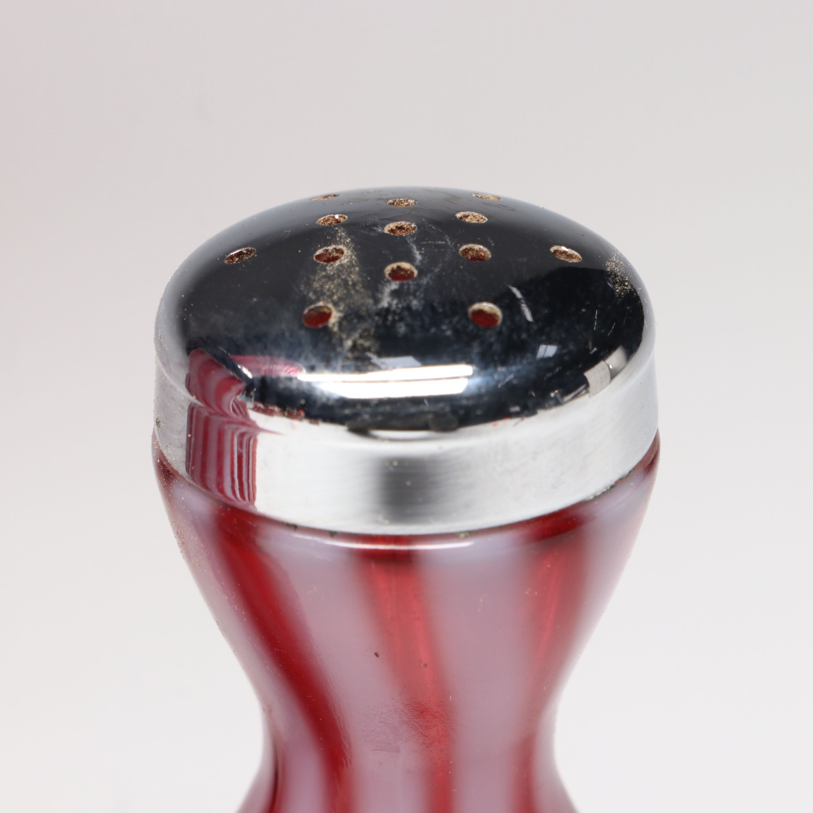 Fenton Cranberry Ribbed Swirl Opalescent Glass Vase, Shakers, and Bell