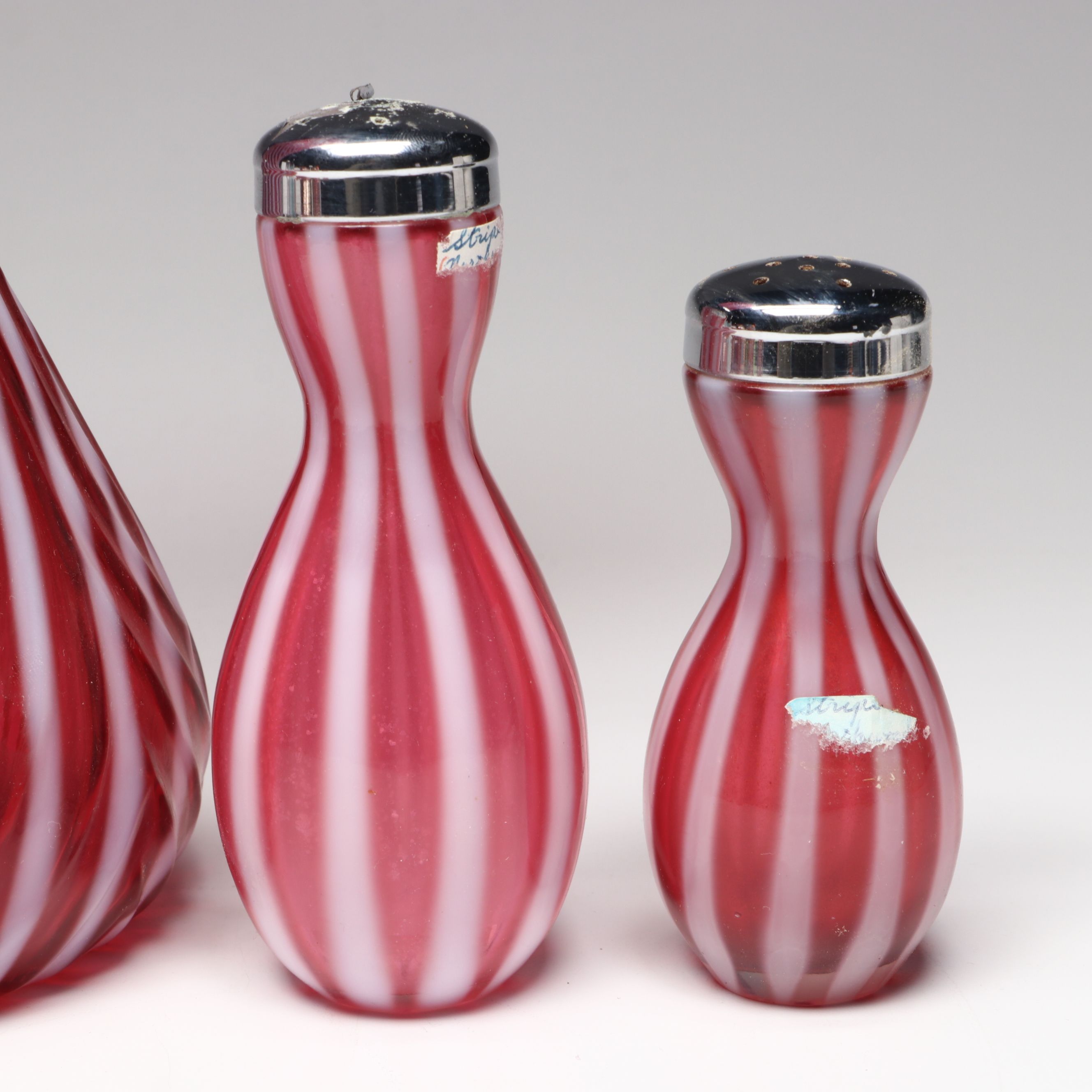 Fenton Cranberry Ribbed Swirl Opalescent Glass Vase, Shakers, and Bell