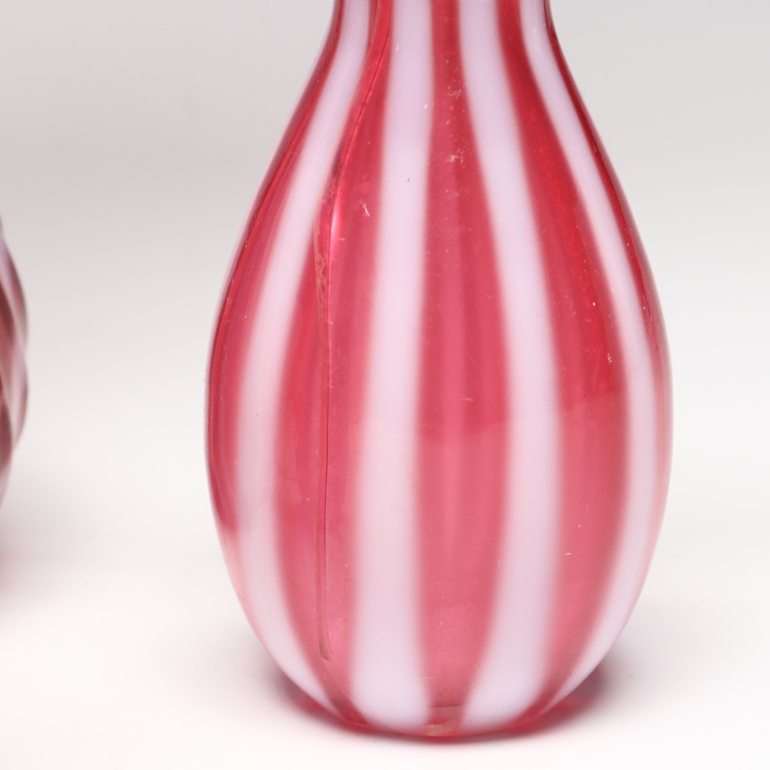 Fenton Cranberry Ribbed Swirl Opalescent Glass Vase, Shakers, and Bell