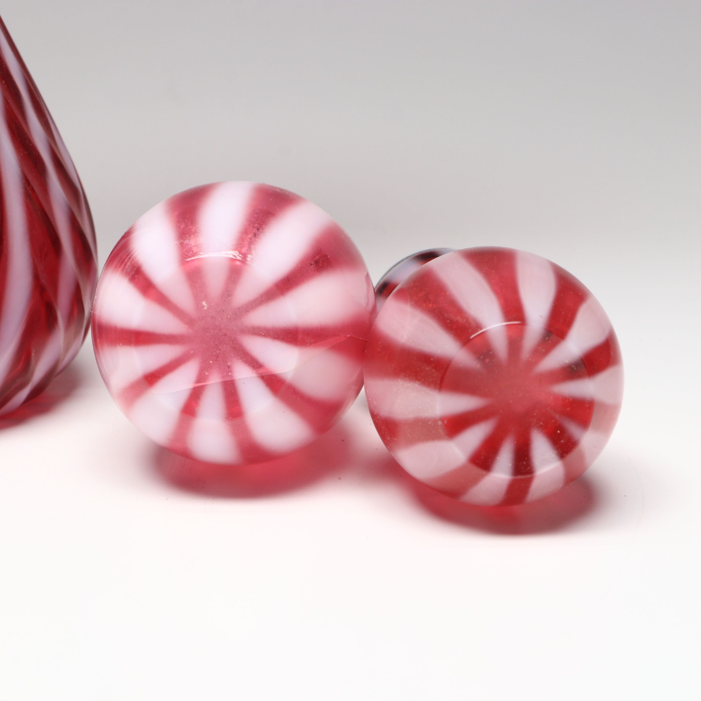 Fenton Cranberry Ribbed Swirl Opalescent Glass Vase, Shakers, and Bell