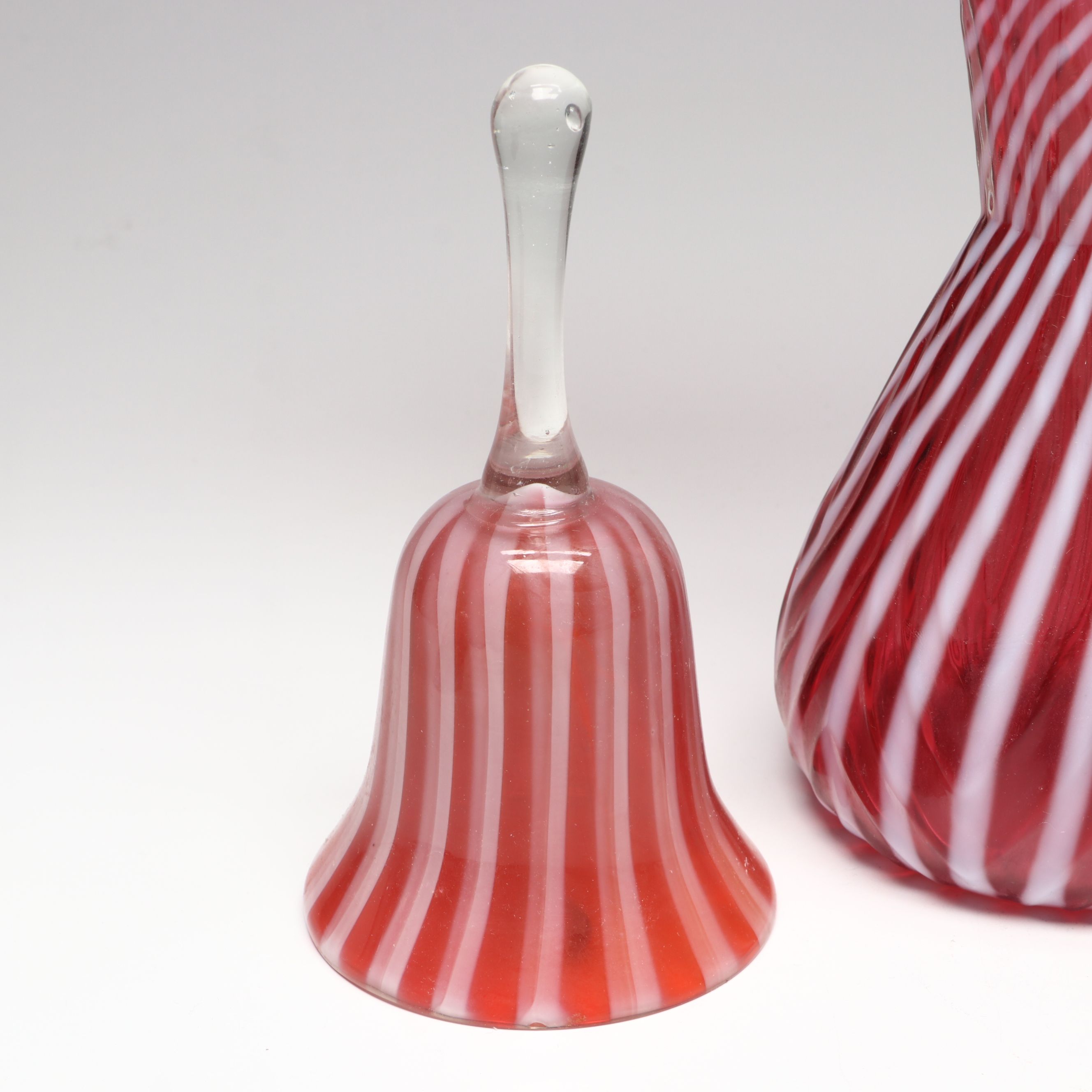 Fenton Cranberry Ribbed Swirl Opalescent Glass Vase, Shakers, and Bell