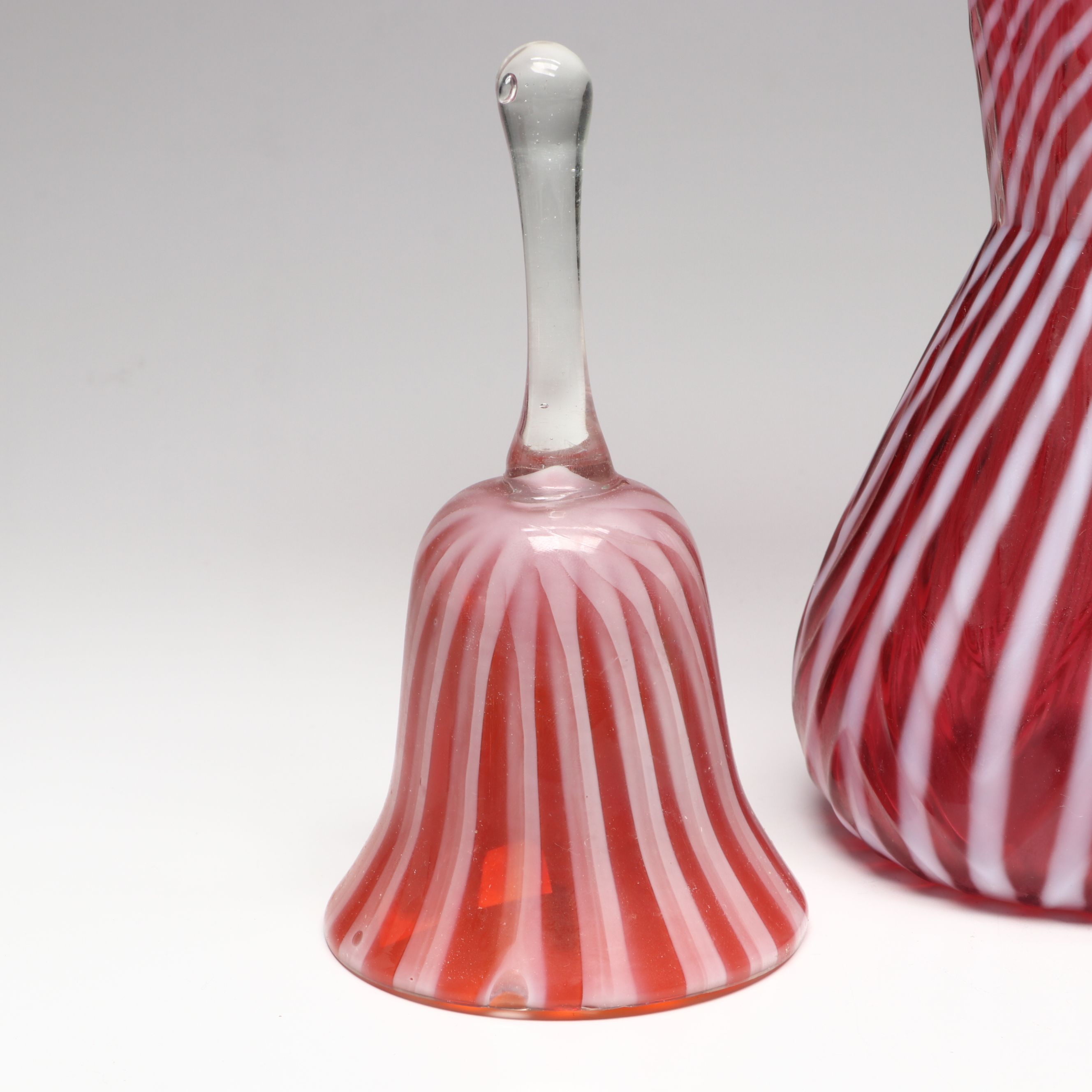 Fenton Cranberry Ribbed Swirl Opalescent Glass Vase, Shakers, and Bell