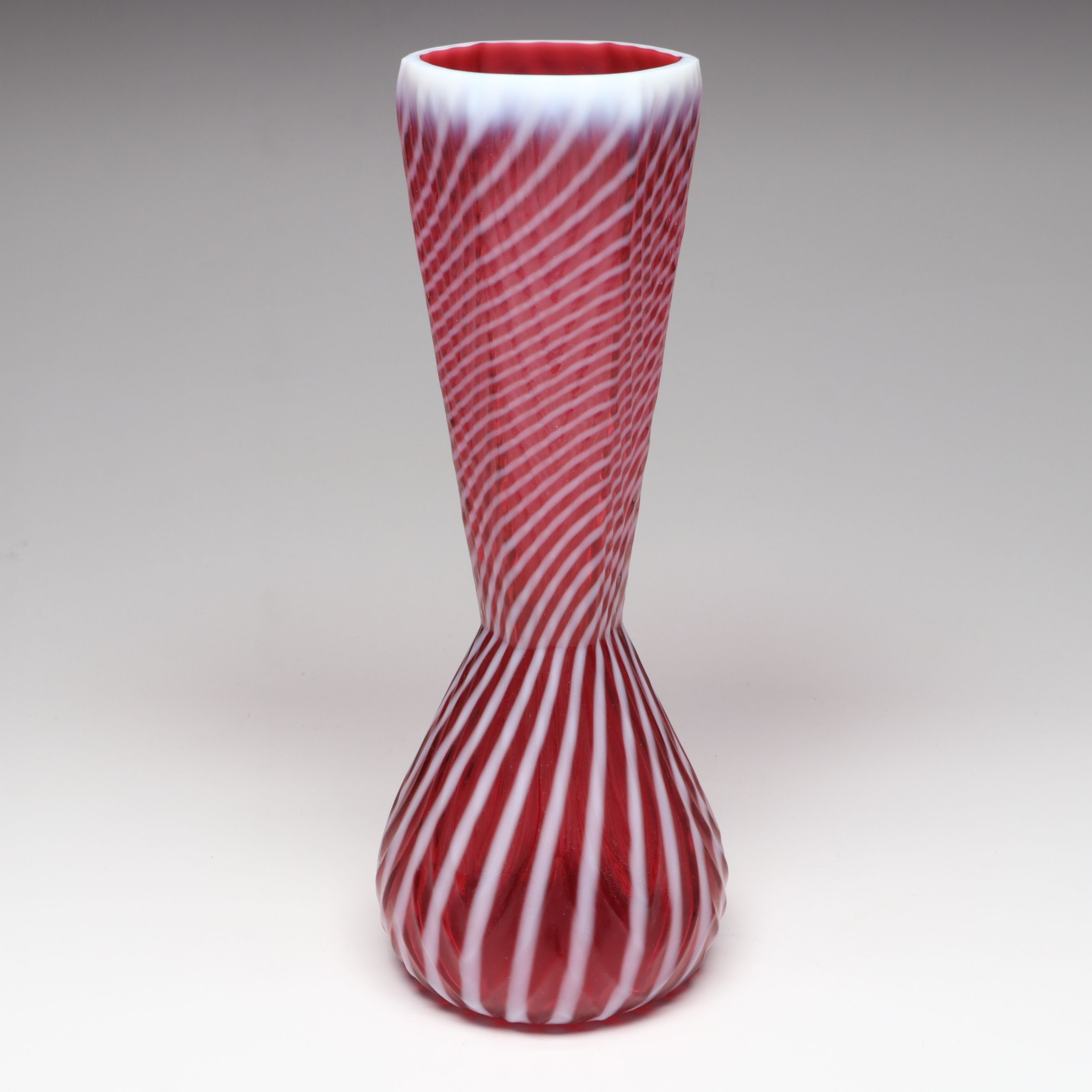Fenton Cranberry Ribbed Swirl Opalescent Glass Vase, Shakers, and Bell