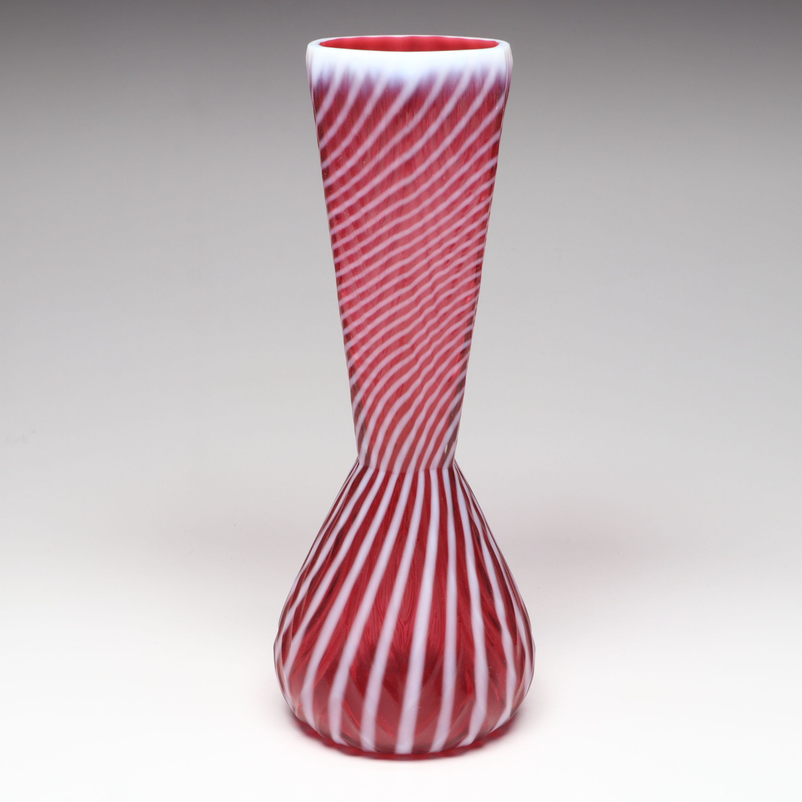 Fenton Cranberry Ribbed Swirl Opalescent Glass Vase, Shakers, and Bell