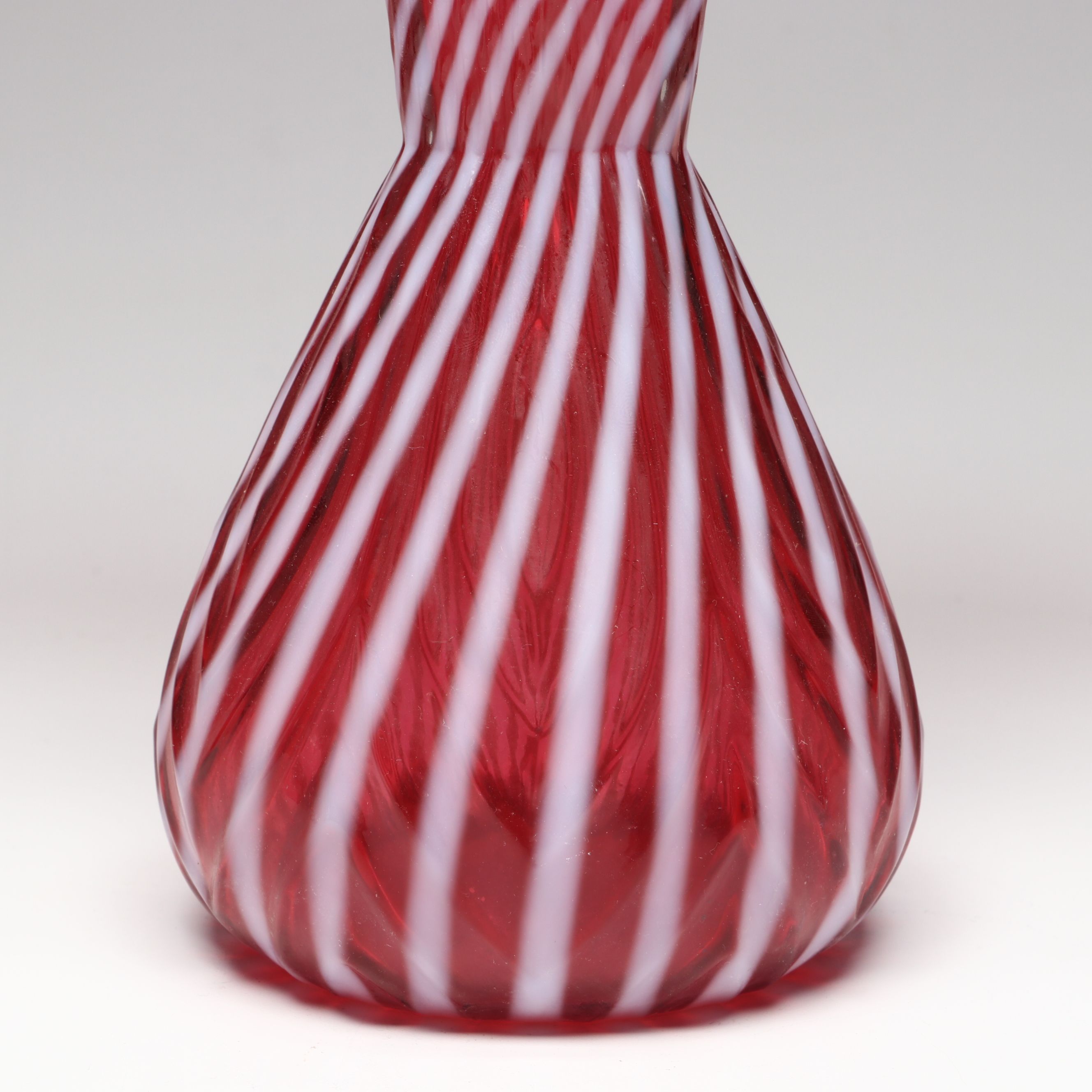 Fenton Cranberry Ribbed Swirl Opalescent Glass Vase, Shakers, and Bell