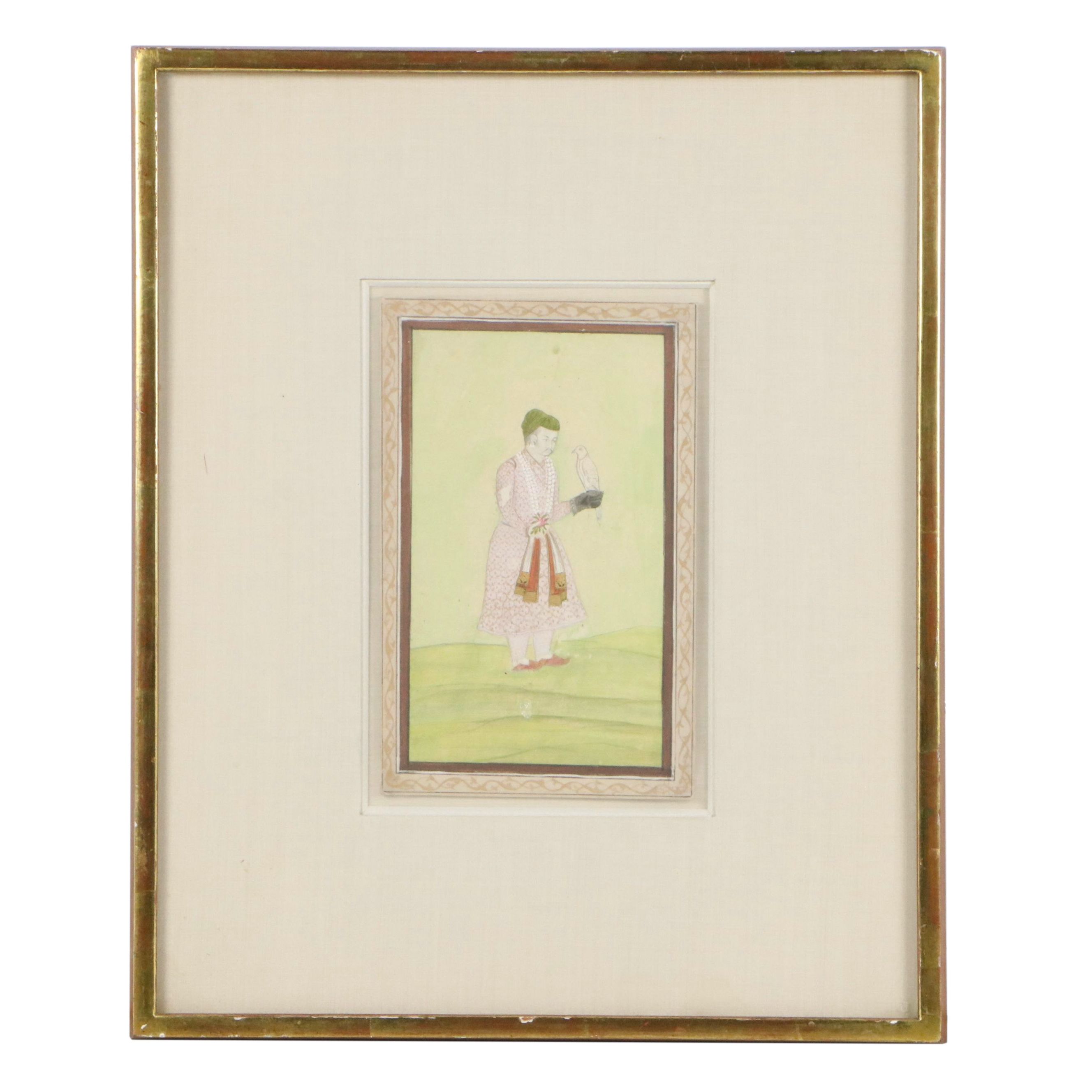 Indo-Persian School Falconry Portrait Gouache Painting, Circa Early 20th Century