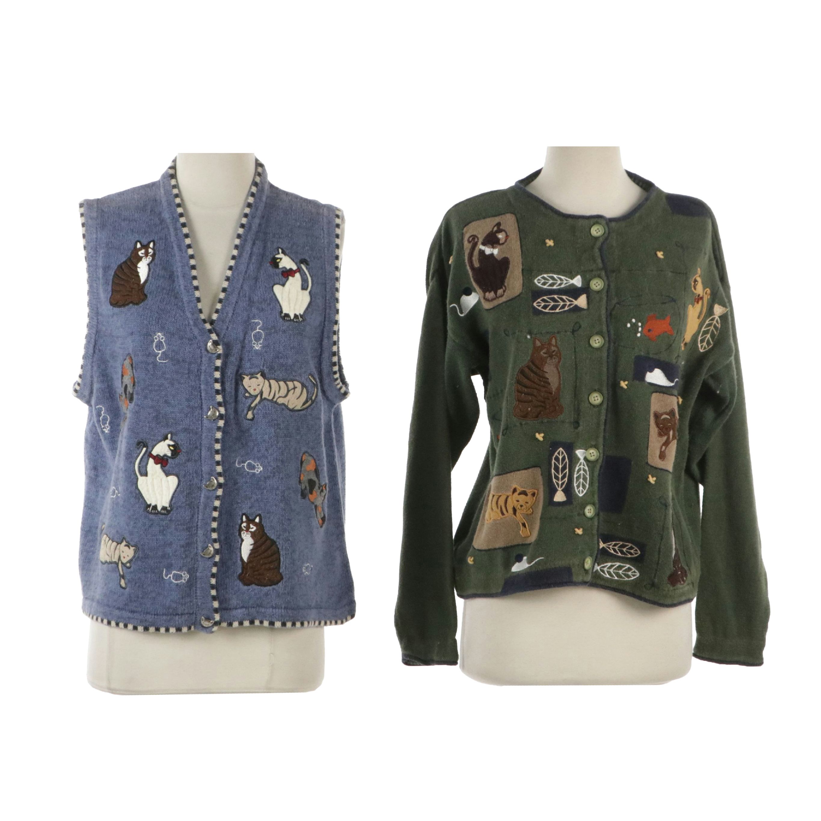 Christopher & Banks Hand Embroidered Cat Cardigan and Button-Front Vest