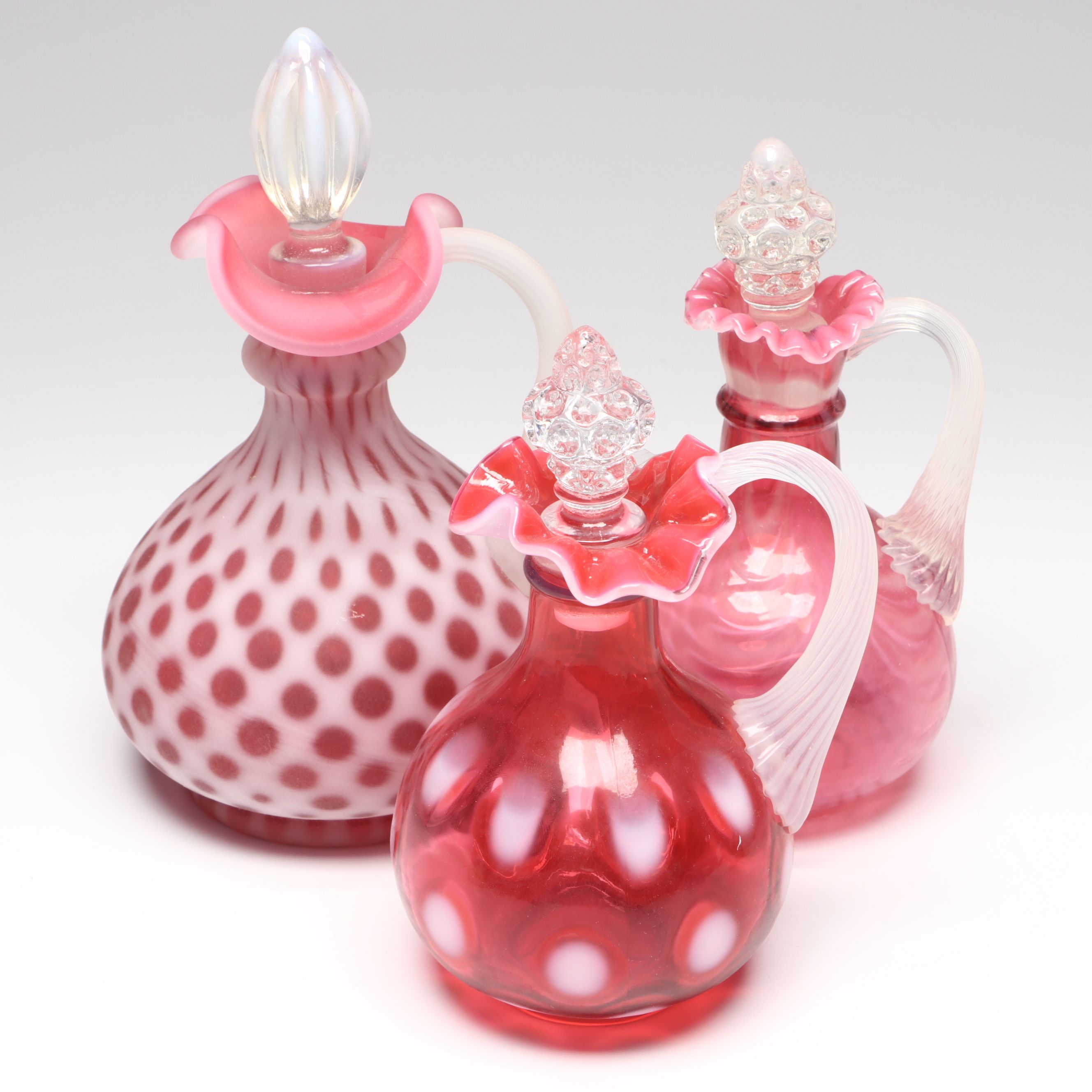 Vintage Fenton "Coin Dot Cranberry" and "Spiral Optic Cranberry" Glass Cruets