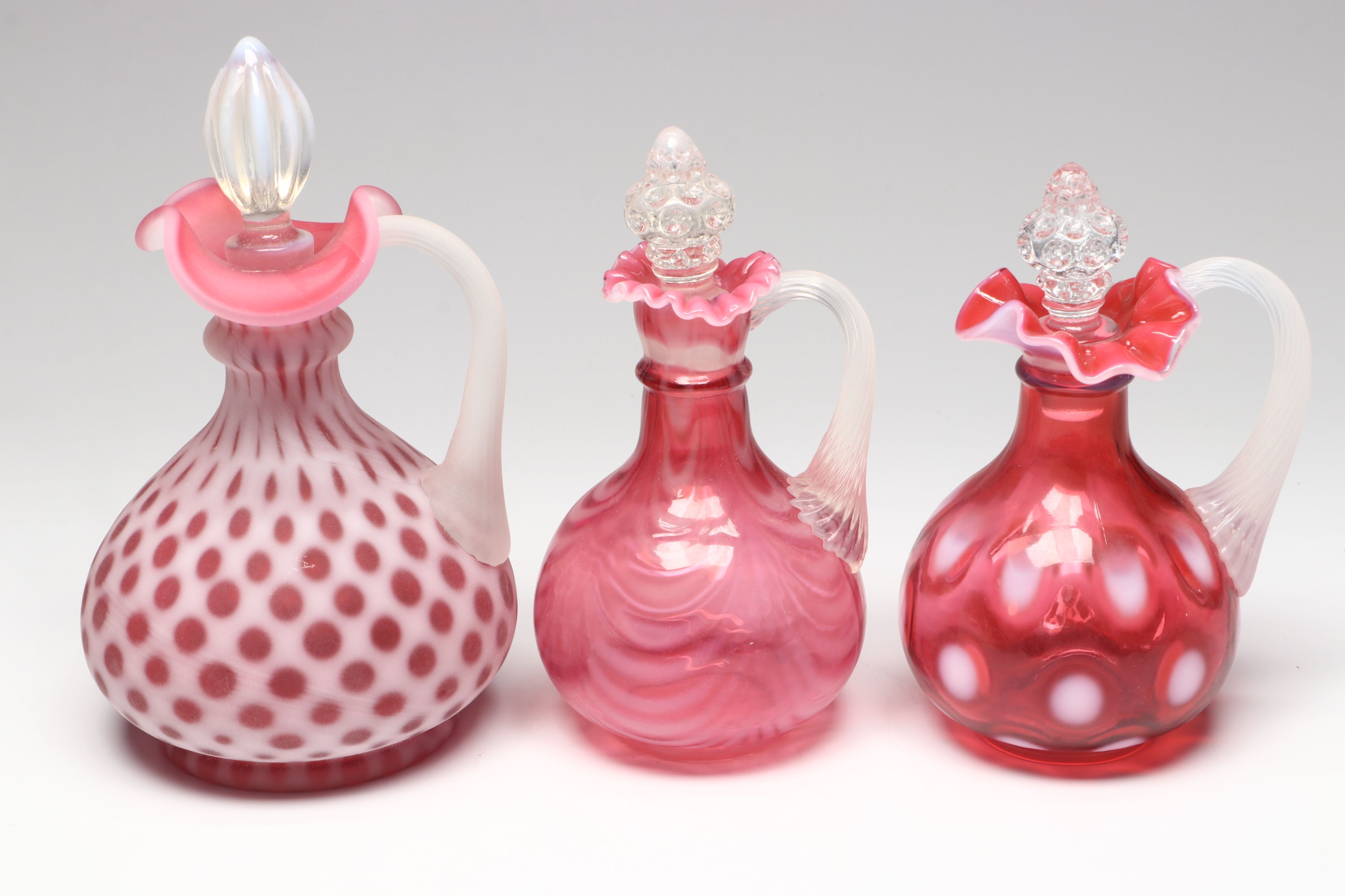 Vintage Fenton "Coin Dot Cranberry" and "Spiral Optic Cranberry" Glass Cruets