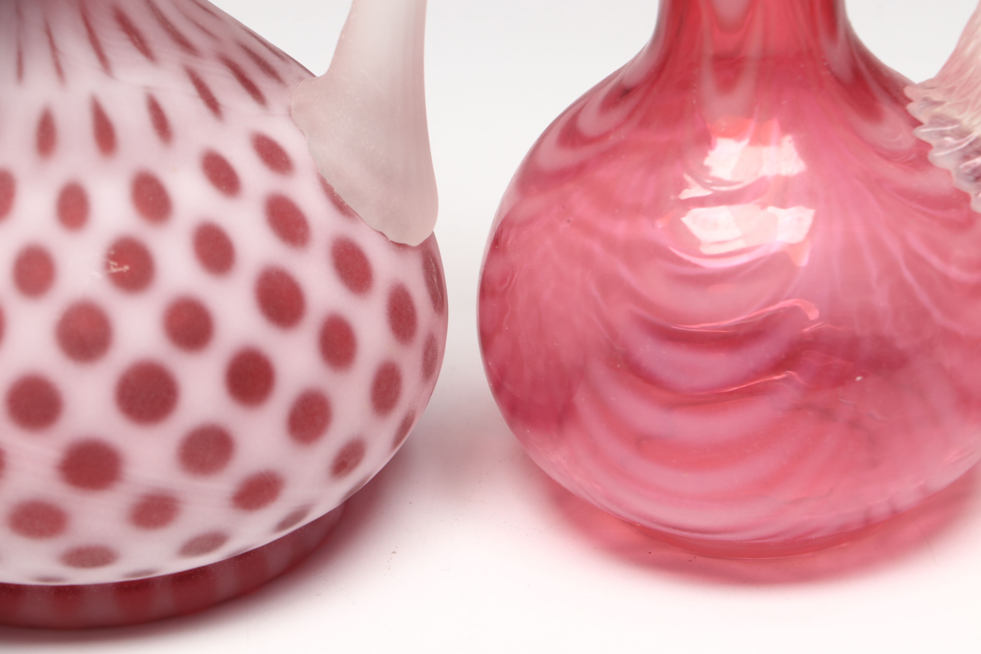 Vintage Fenton "Coin Dot Cranberry" and "Spiral Optic Cranberry" Glass Cruets