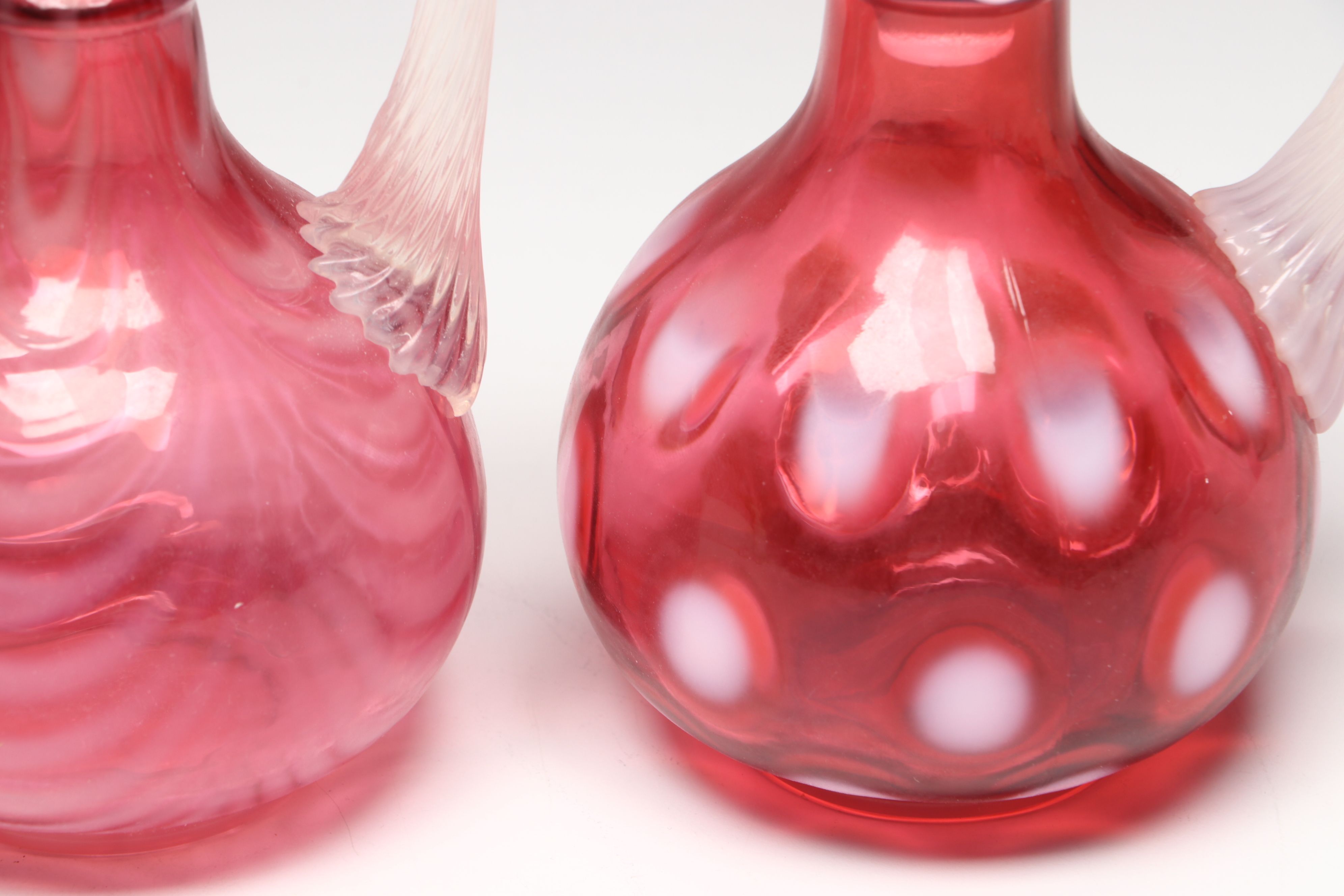 Vintage Fenton "Coin Dot Cranberry" and "Spiral Optic Cranberry" Glass Cruets