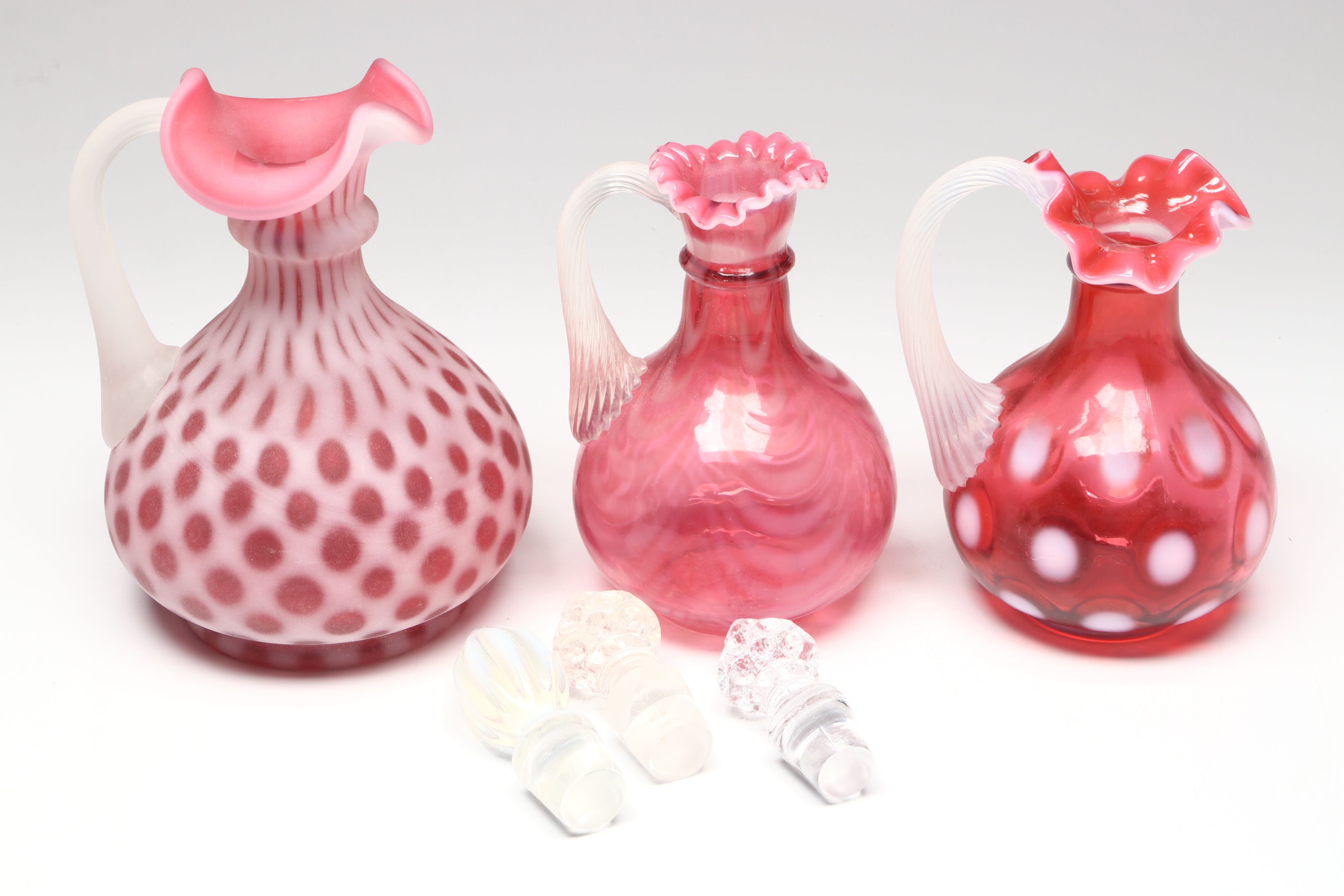 Vintage Fenton "Coin Dot Cranberry" and "Spiral Optic Cranberry" Glass Cruets