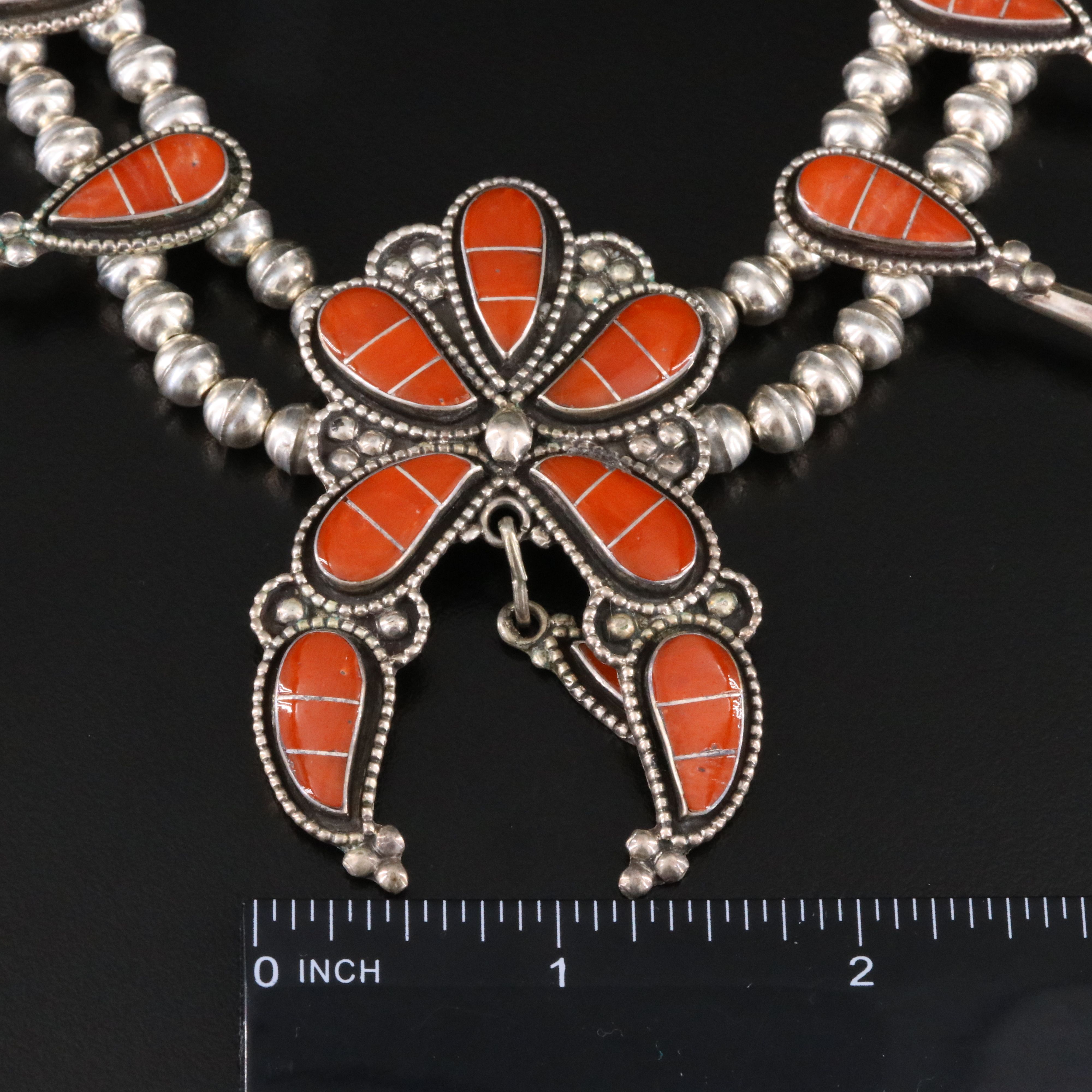 Zuni Willis & Susie Leekity Sterling Coral Squash Blossom Necklace & Earring Set