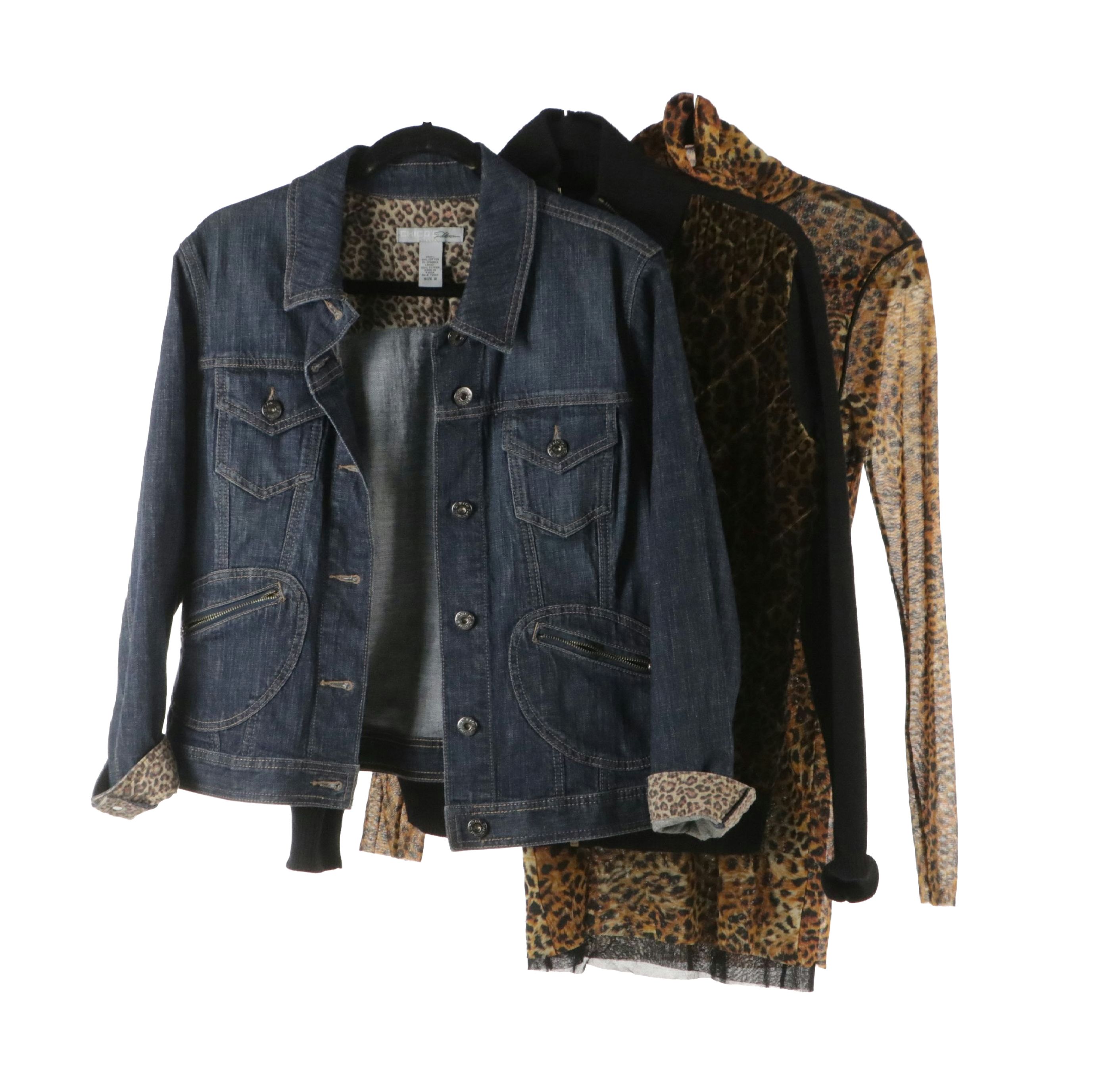 Chico's Denim Jacket, Fuzzi Leopard Printed Mesh Turtleneck, Other Zip Sweater