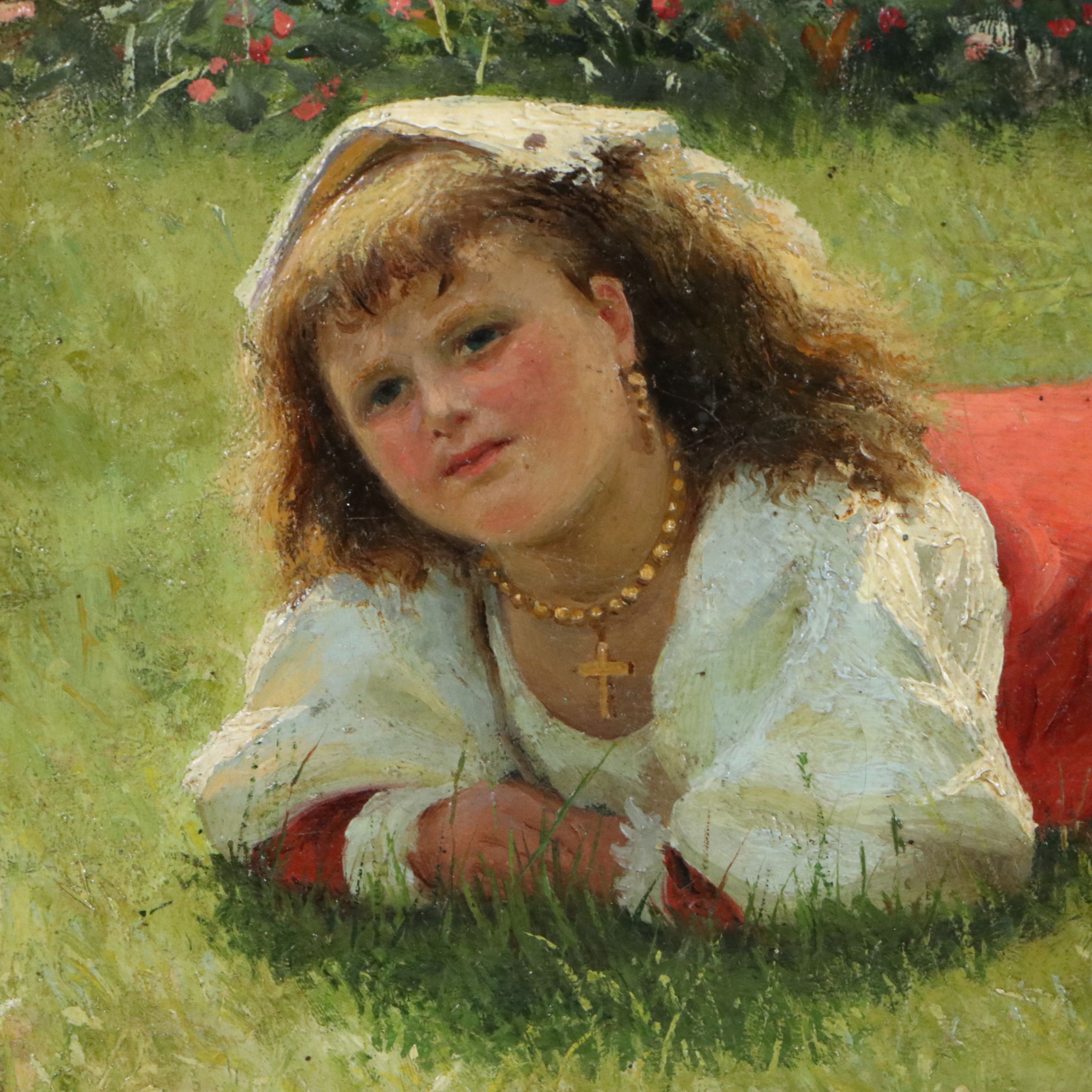 Gaston Renault Oil Painting of Girl Laying on Grass, 1882