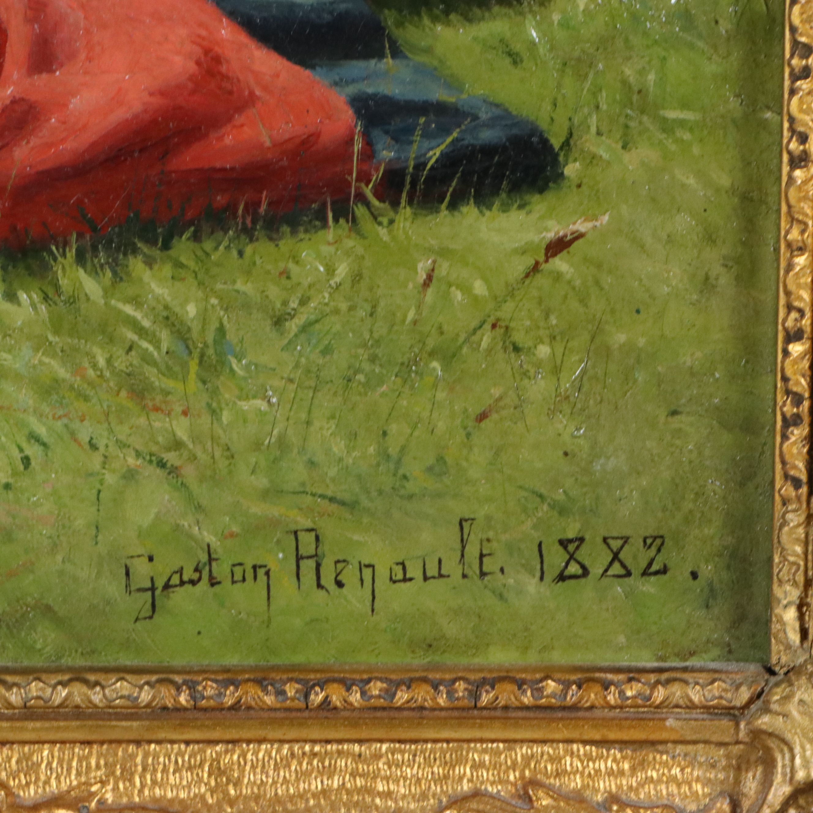 Gaston Renault Oil Painting of Girl Laying on Grass, 1882