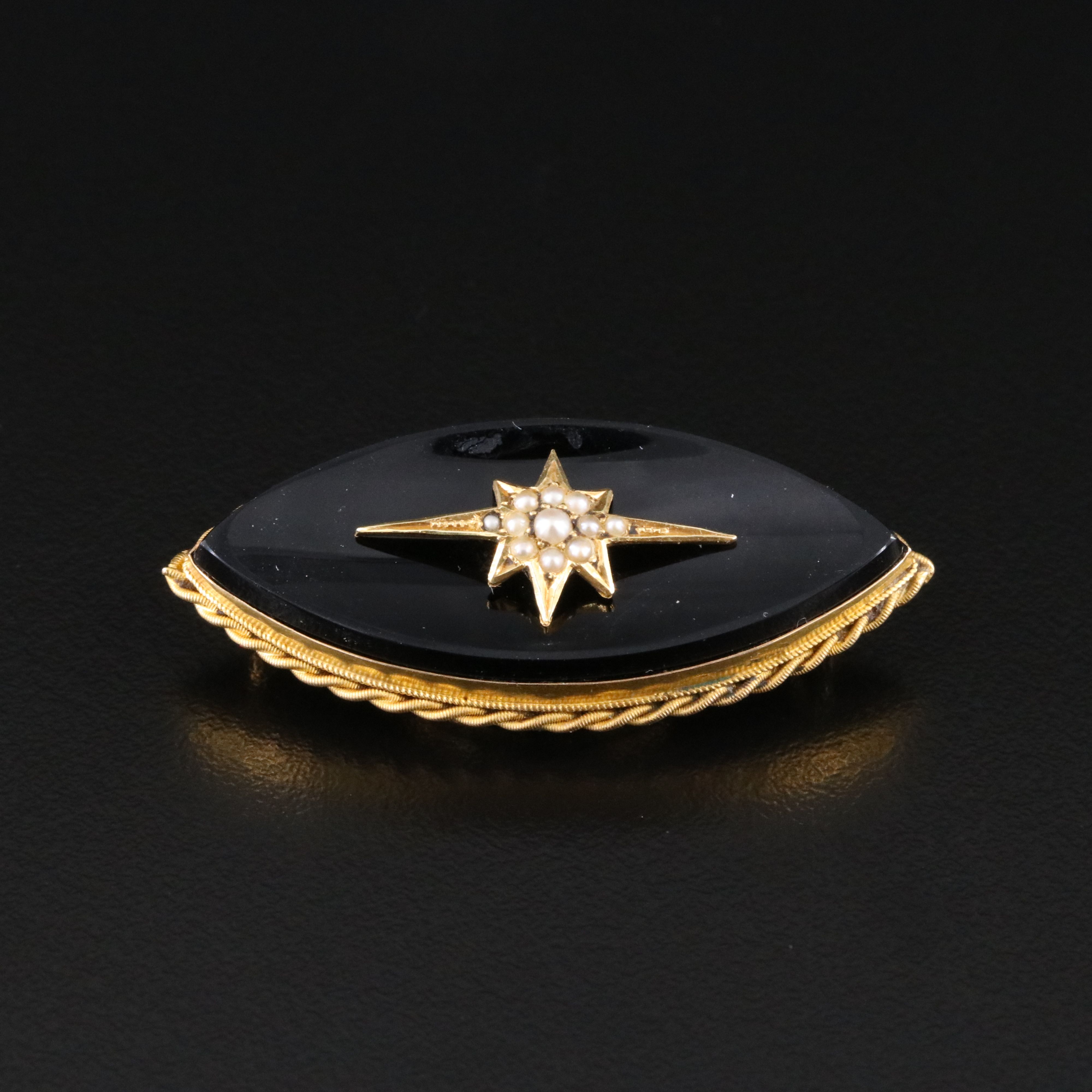 Victorian 14K Black Onyx Navette and Seed Pearl Mourning Brooch