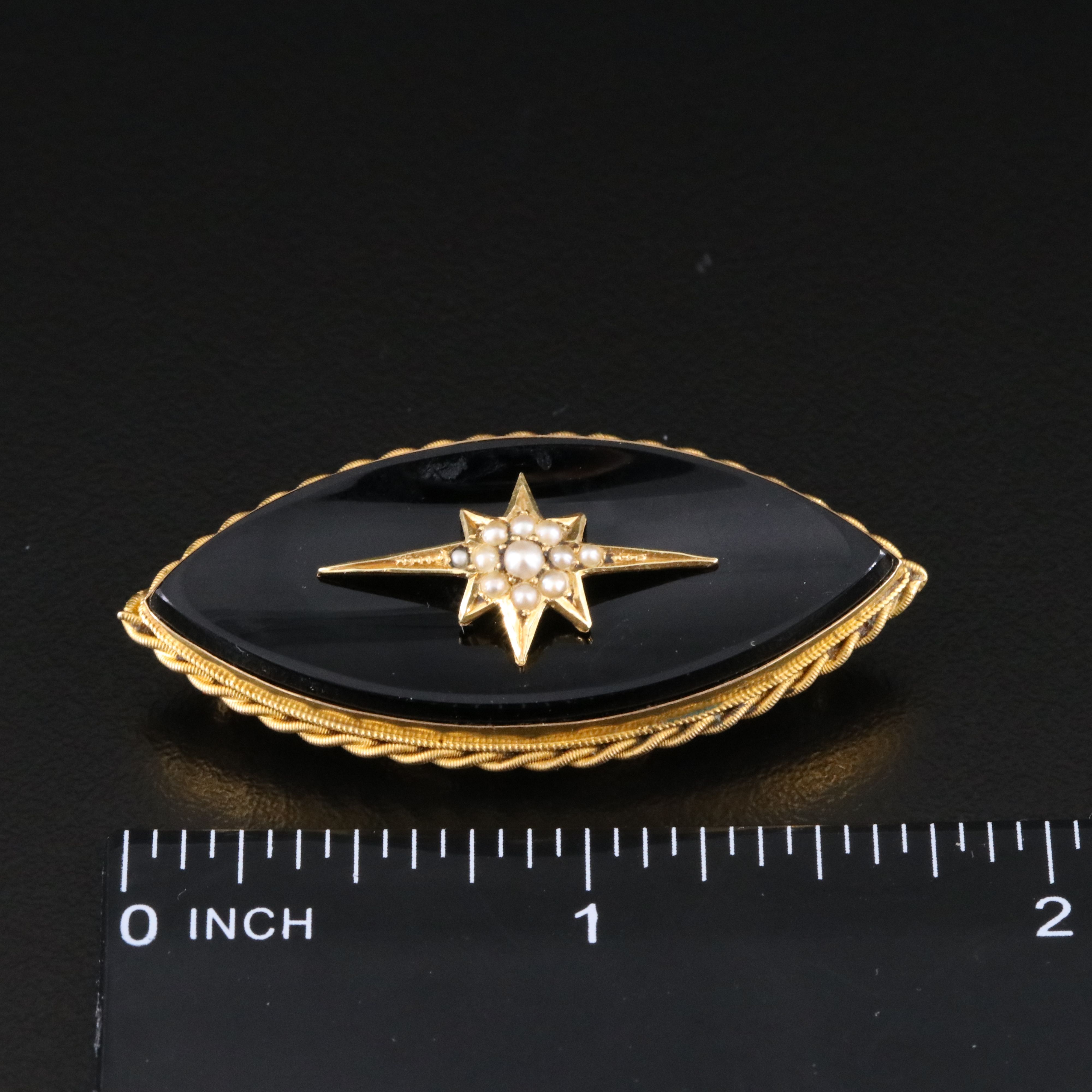 Victorian 14K Black Onyx Navette and Seed Pearl Mourning Brooch