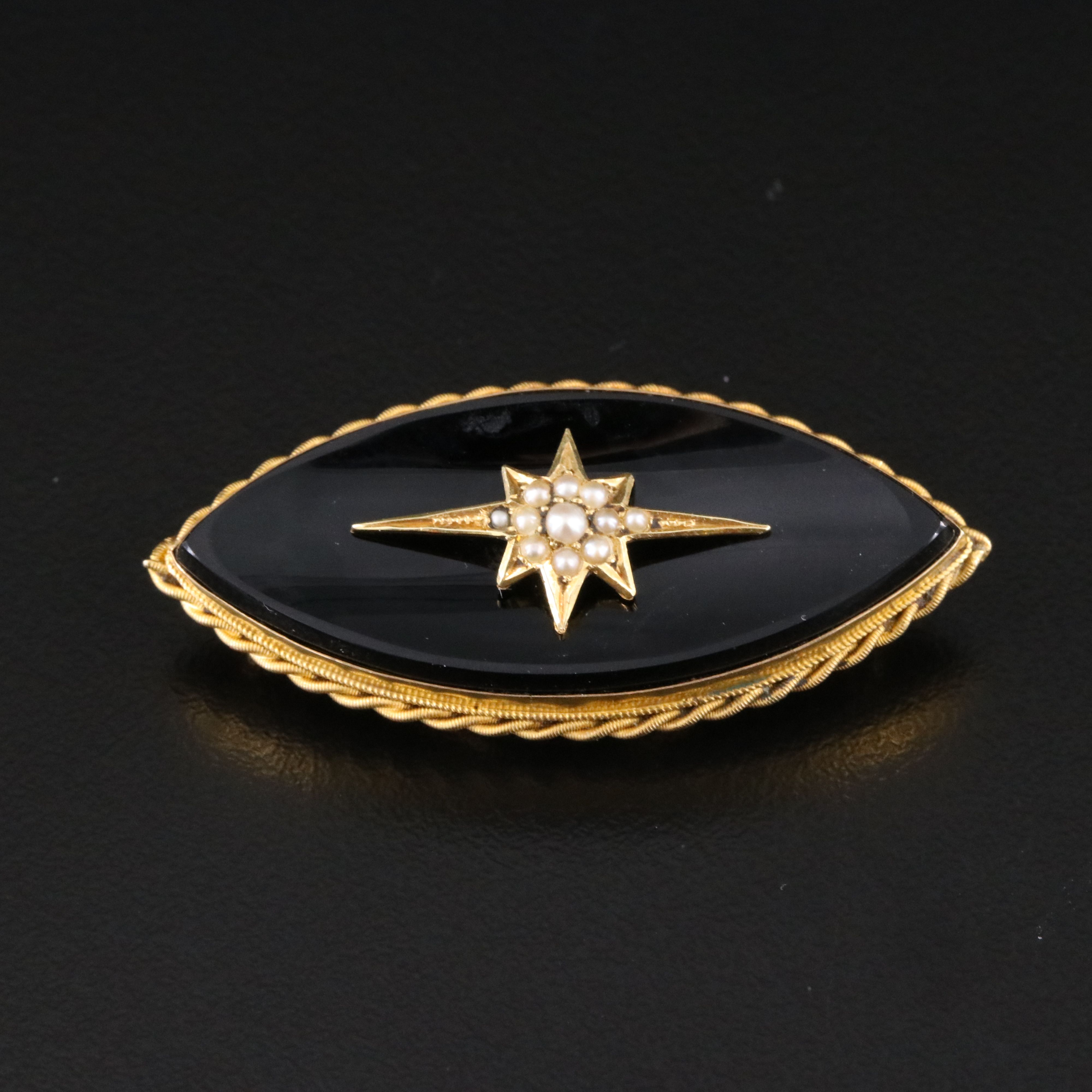 Victorian 14K Black Onyx Navette and Seed Pearl Mourning Brooch