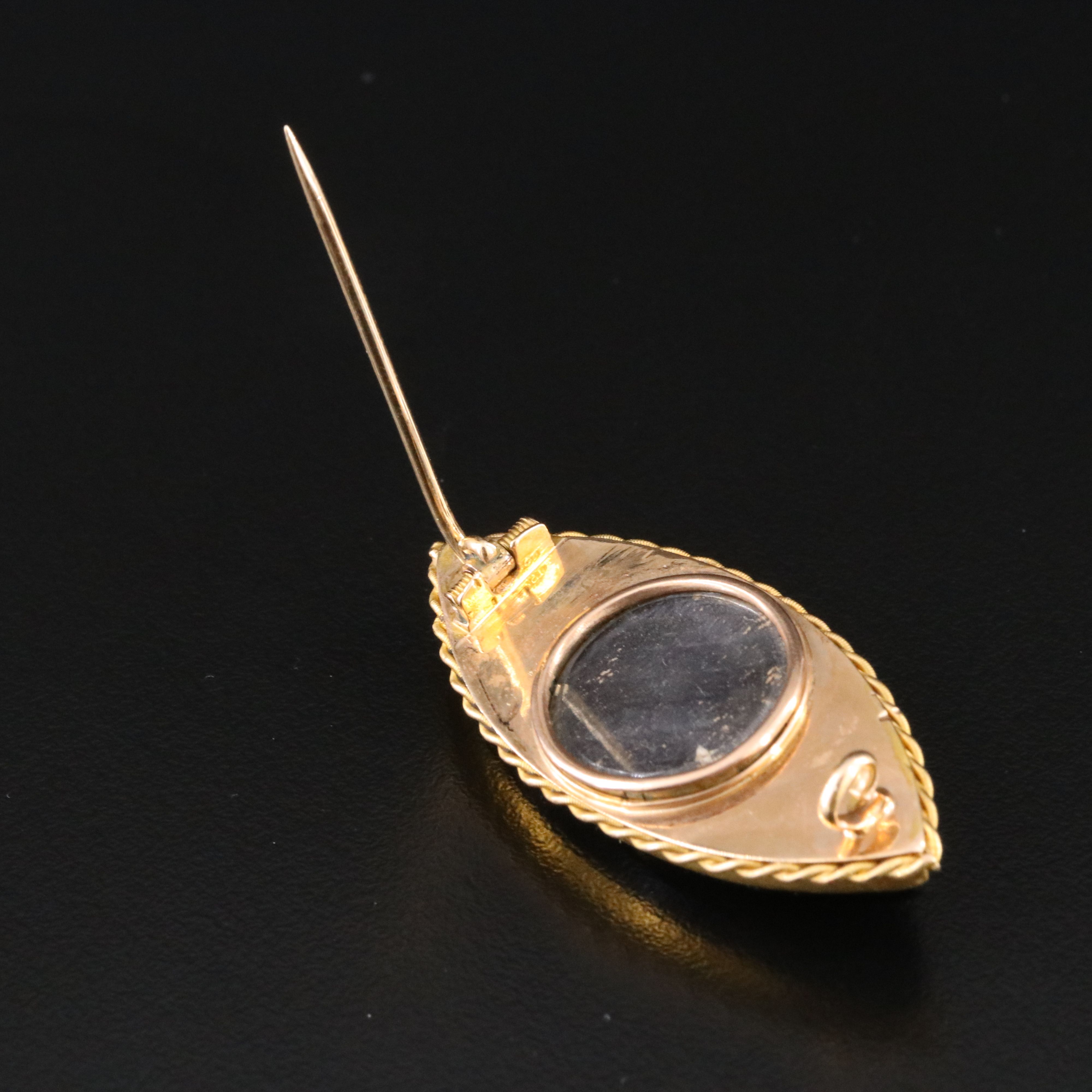 Victorian 14K Black Onyx Navette and Seed Pearl Mourning Brooch