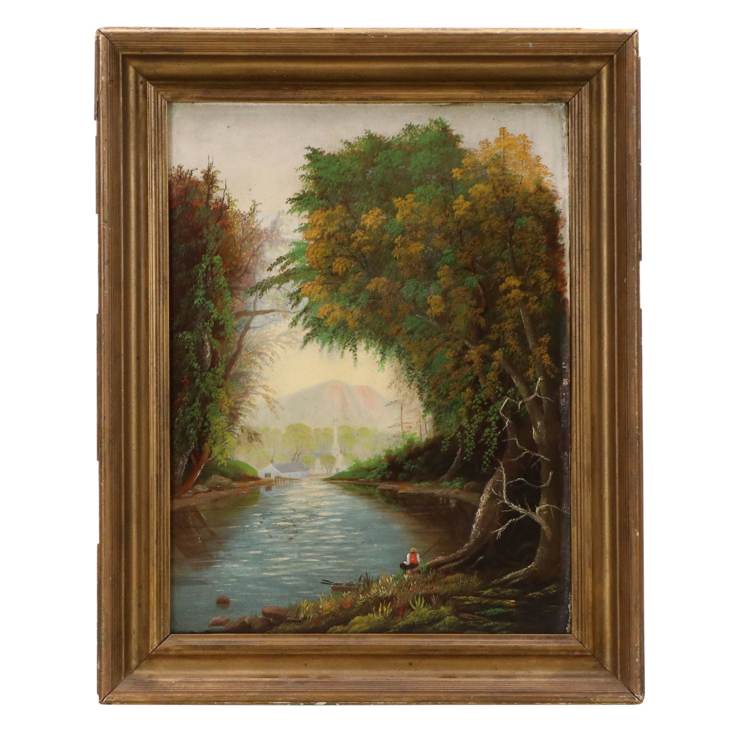 Wooded River Landscape Oil Painting, 1884