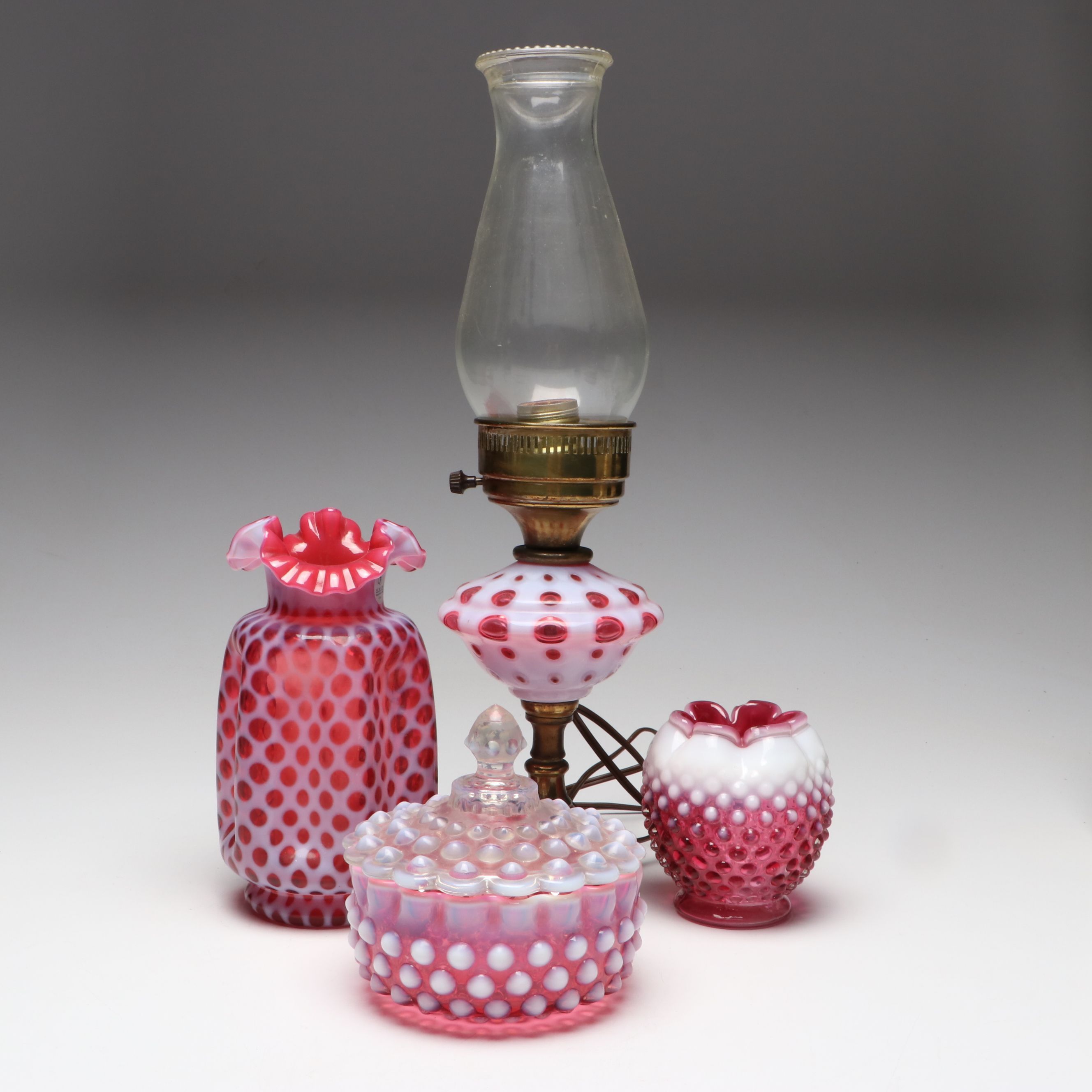 Fenton "Coin Dot Cranberry" Vase and Table Lamp with More Fenton Glassware